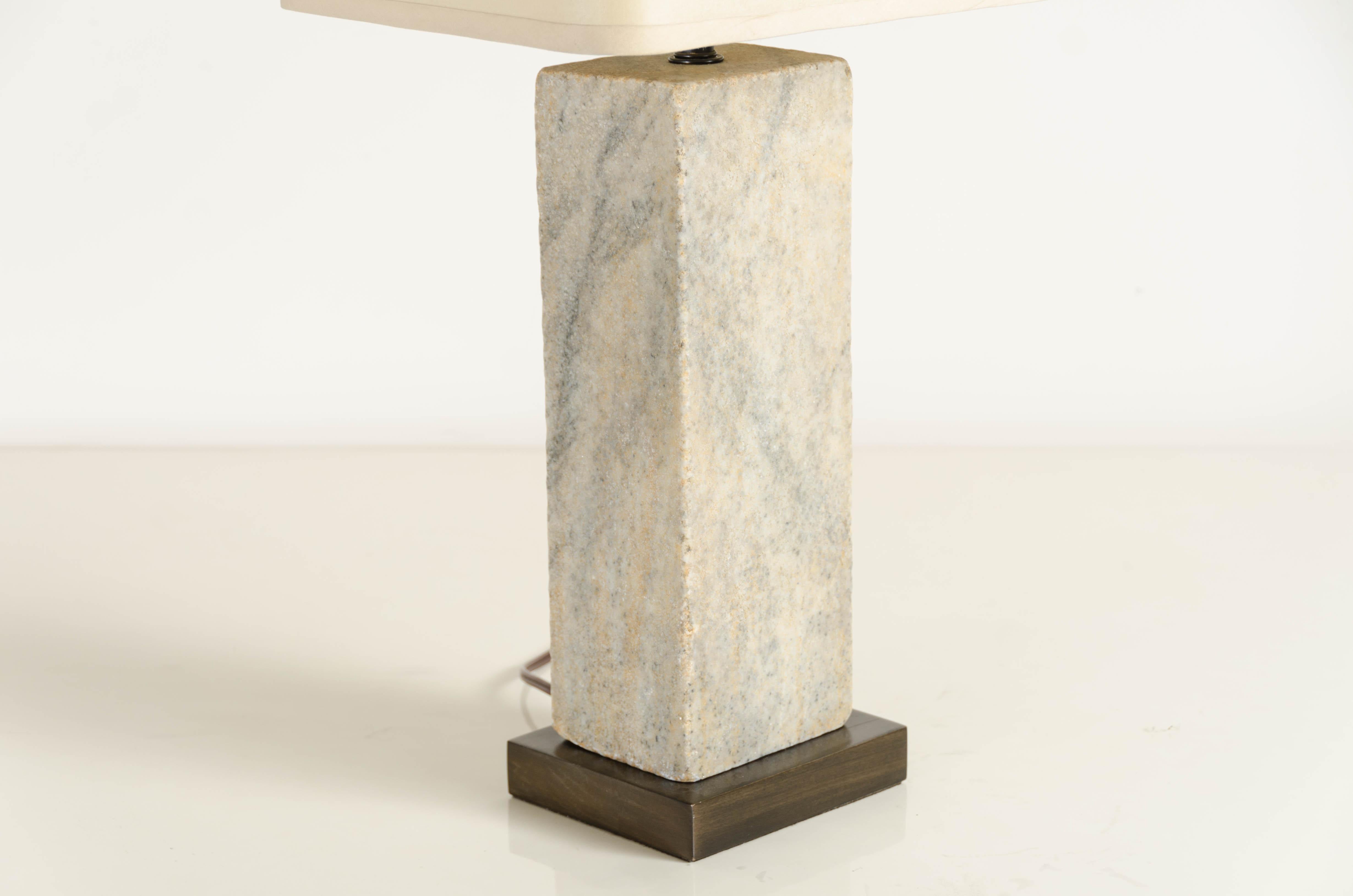 Chinese Vertical Stone Lamp with Shade by Robert Kuo, Hand Carved, Limited Edition For Sale