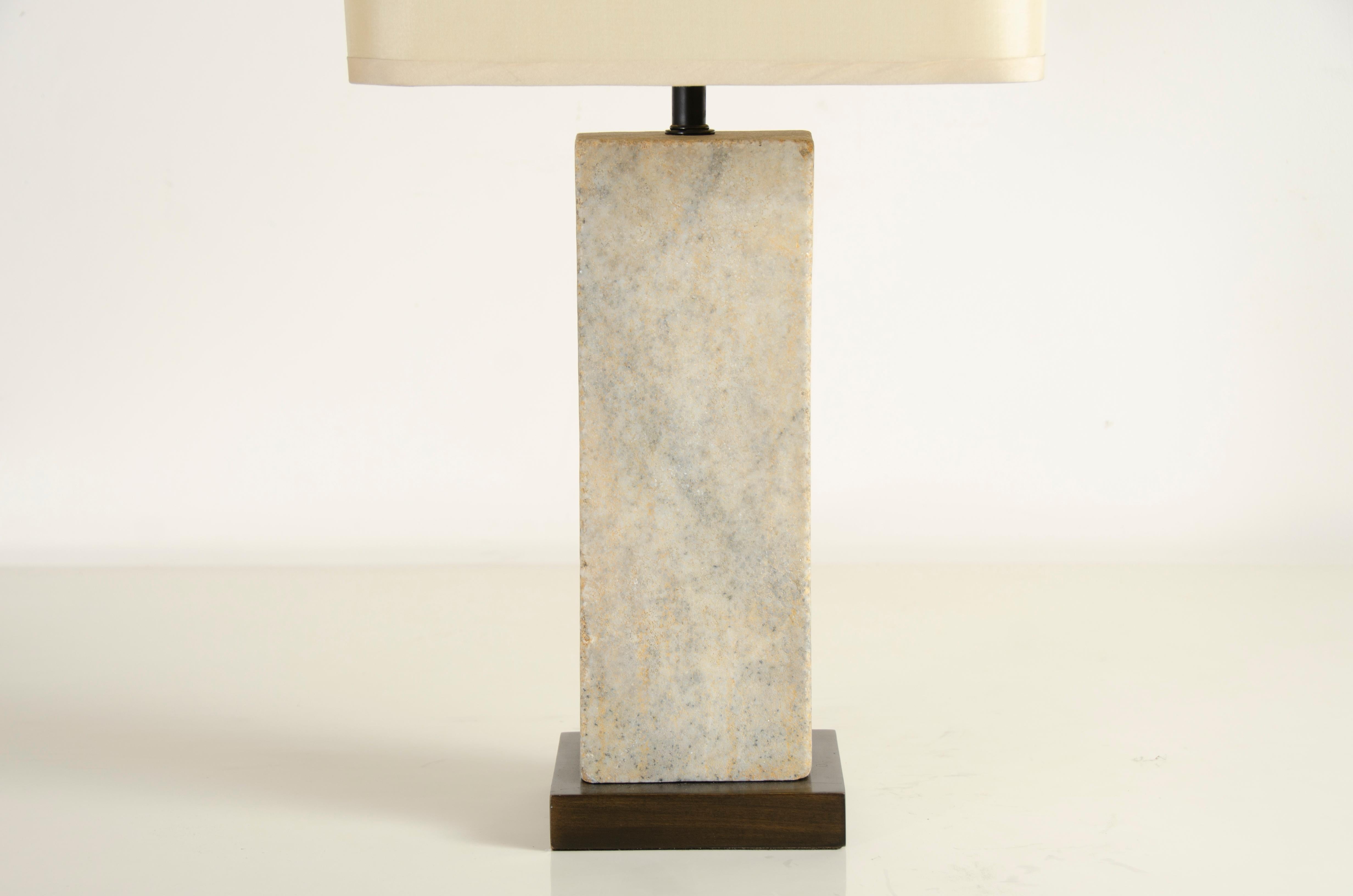 Hand-Carved Vertical Stone Lamp with Shade by Robert Kuo, Hand Carved, Limited Edition For Sale
