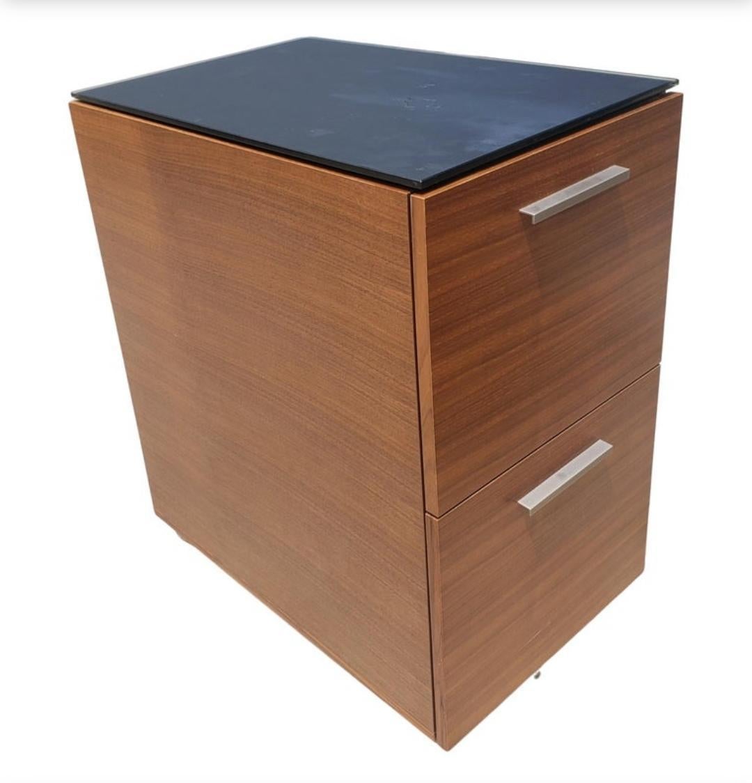 Post-Modern Vertical Two-Drawer Teak Mobile Filing Cabinet with Removable Glass Top For Sale