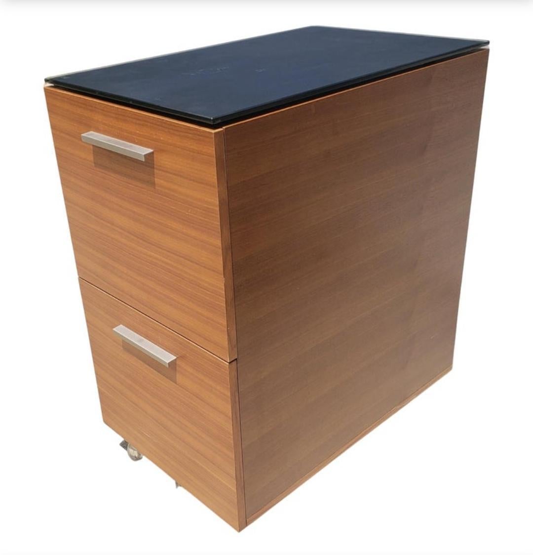 Woodwork Vertical Two-Drawer Teak Mobile Filing Cabinet with Removable Glass Top For Sale