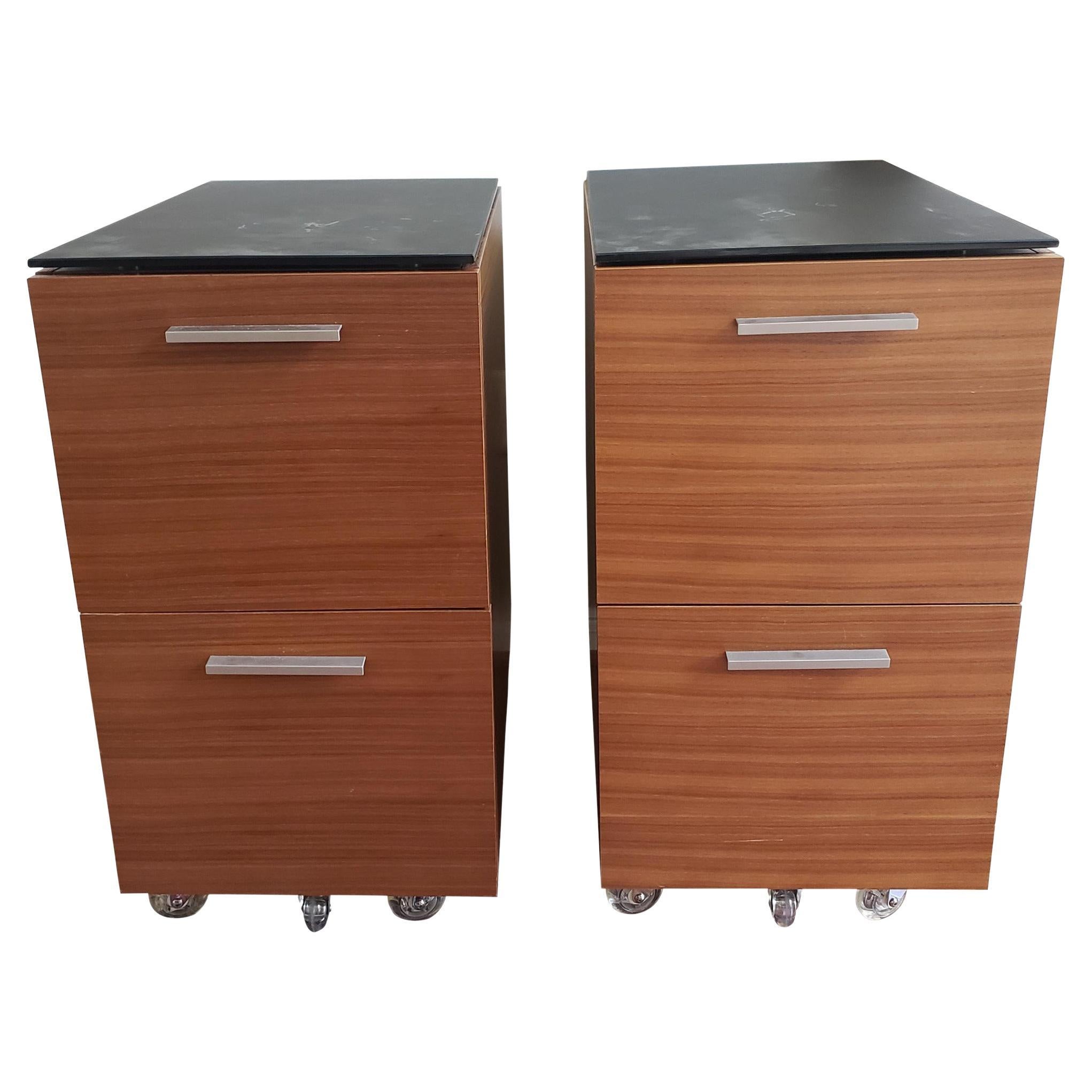 Vertical Two-Drawer Teak Mobile Filing Cabinet with Removable Glass Top For Sale