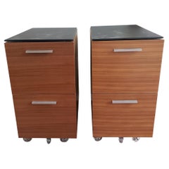 Used Vertical Two-Drawer Teak Mobile Filing Cabinet with Removable Glass Top