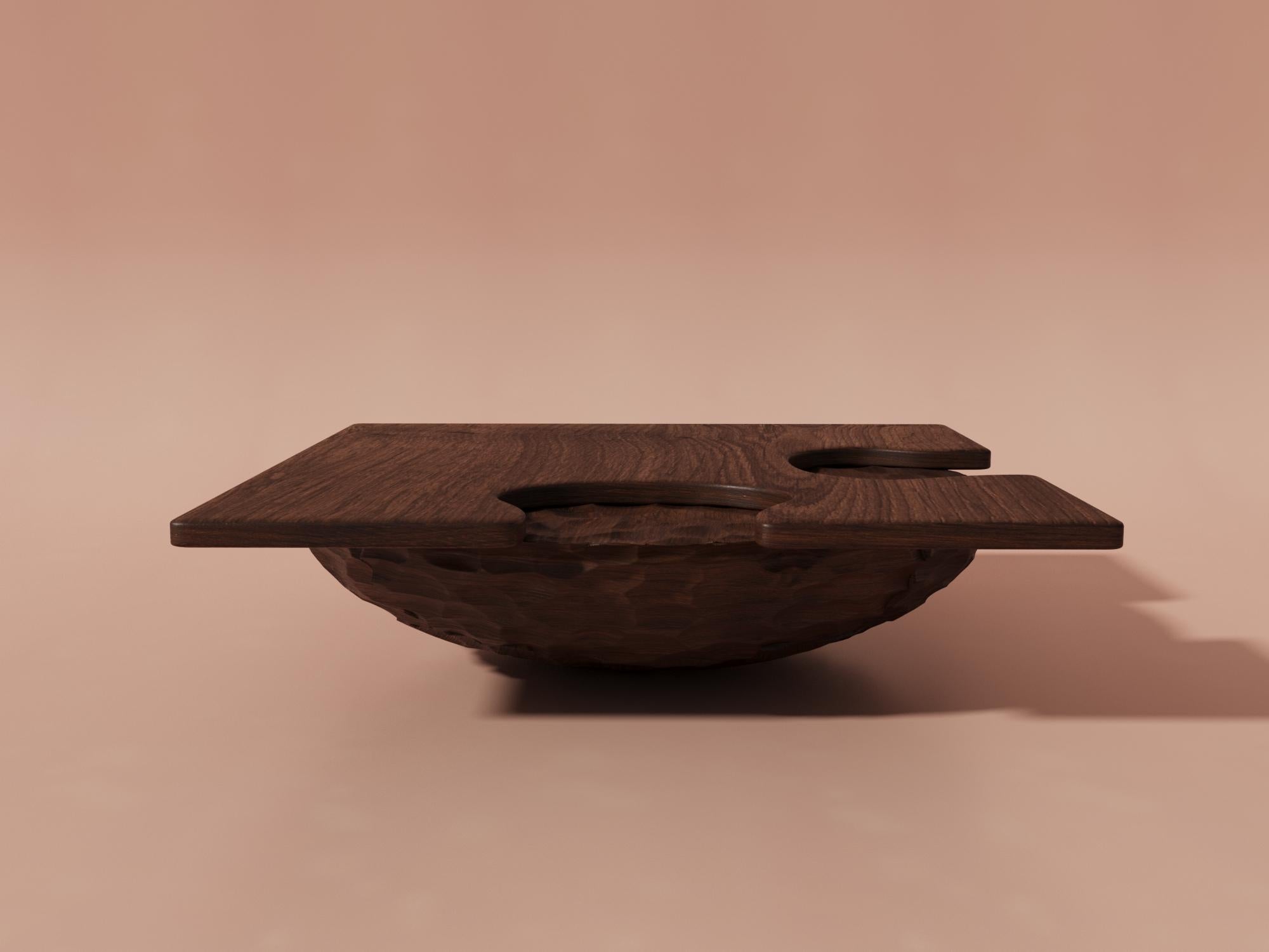 Hand-Crafted Vertige Coffee Table by Alexandre Ligios, Dark Solid Oak & Hand-sculpted Base For Sale