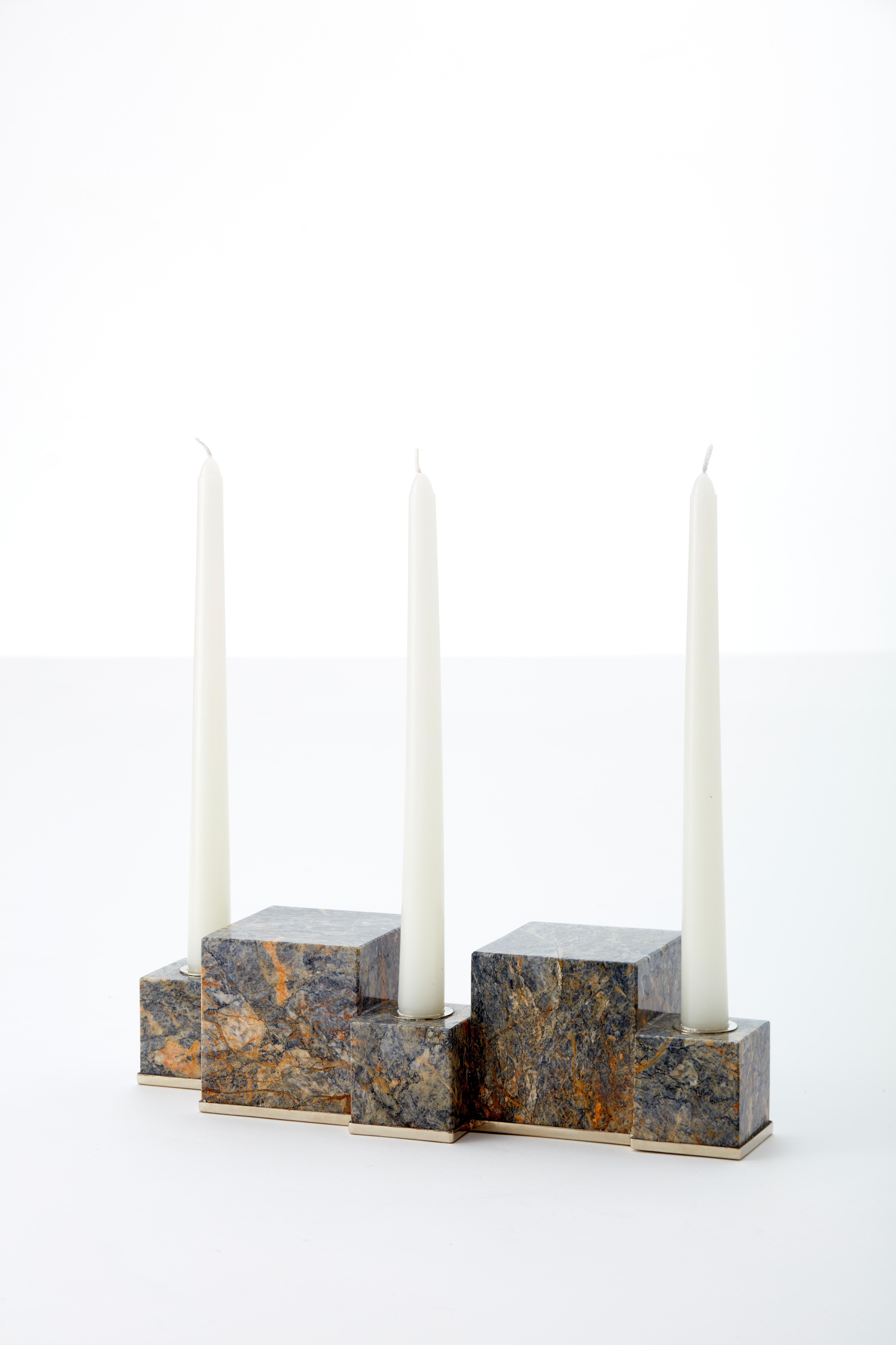 Modern Vertigo Flat 2 and 3 Candles, Black Onyx Stone Candleholder For Sale