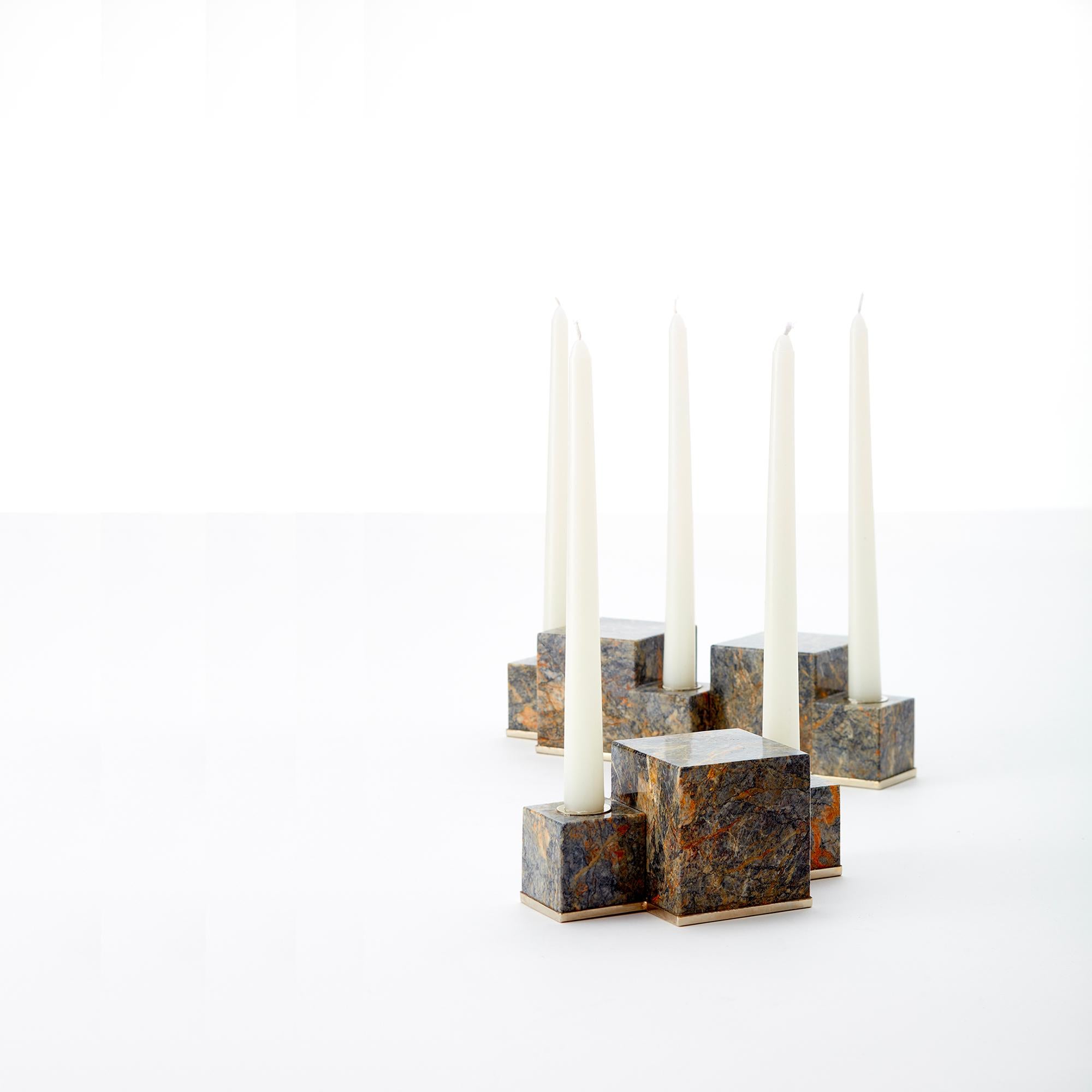 Modern VERTIGO Flat 2 Candles Black Onyx Stone Candleholder For Sale