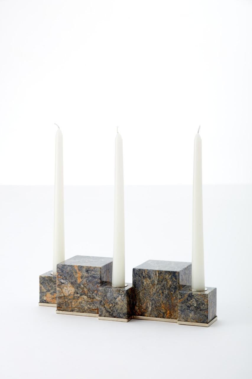 Argentine Vertigo Flat 3 Candles Black Onyx Stone Candleholder For Sale