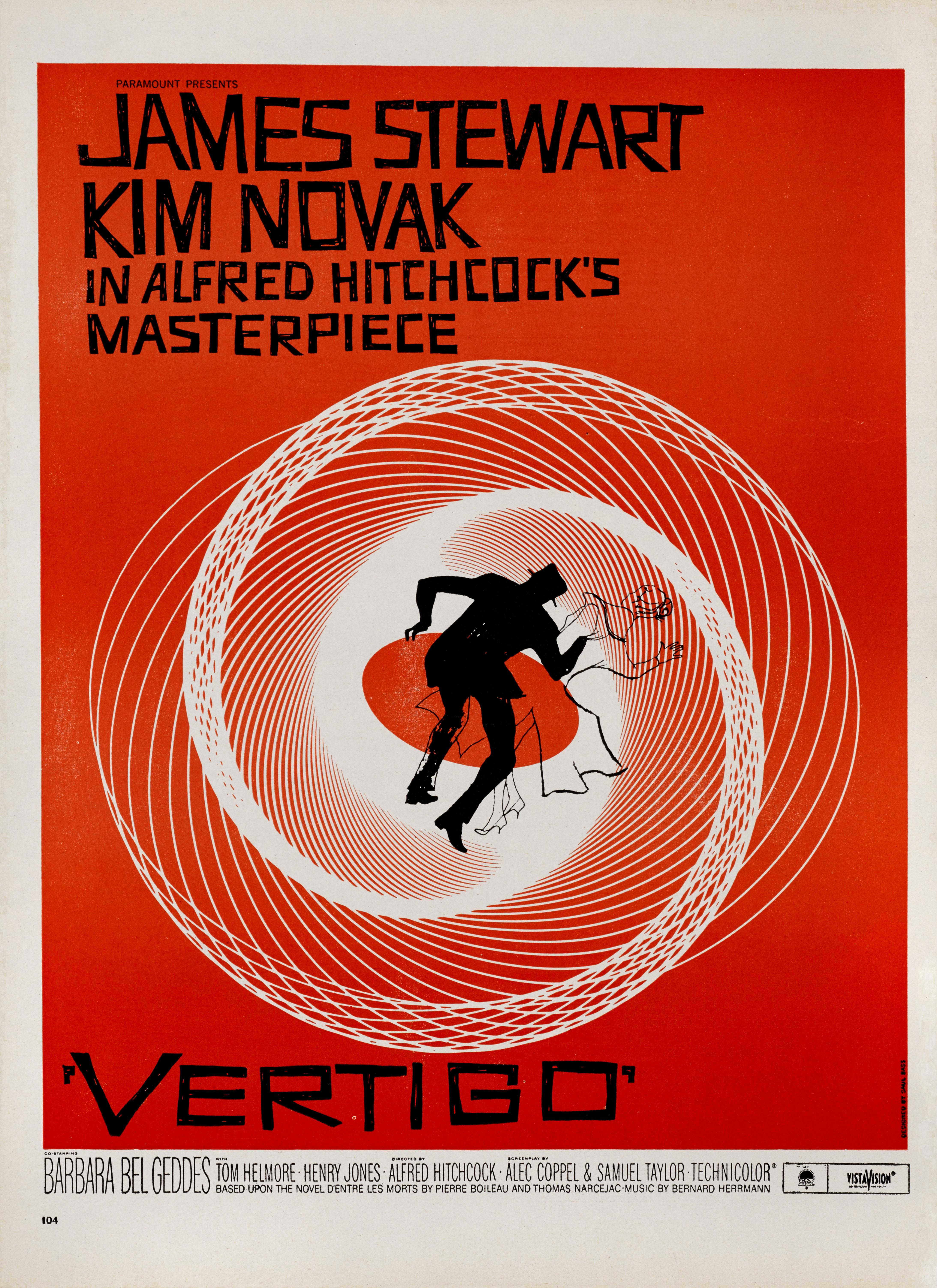 Publicité commerciale américaine originale pour le thriller classique d'Alfred Hitchcock de 1958 avec James Stewart et Kim Novak. L'œuvre d'art est due au célèbre graphiste Saul Bass (1920-1996). 
C'est la quatrième et dernière fois que James
