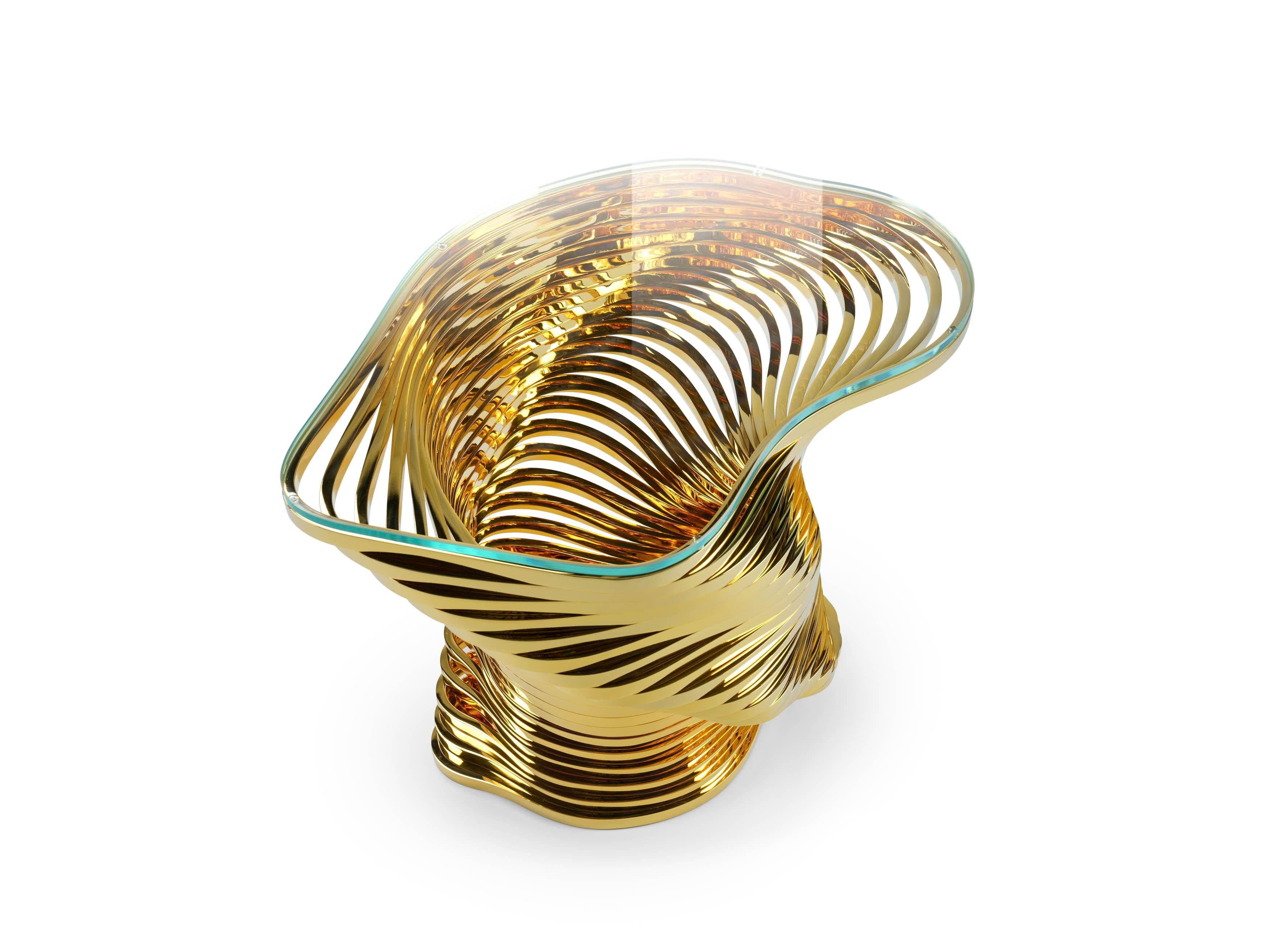 Vertigo Gold Side Table in 24K Gold-Plated Inox & Glass by Barberini & Gunnell For Sale 3