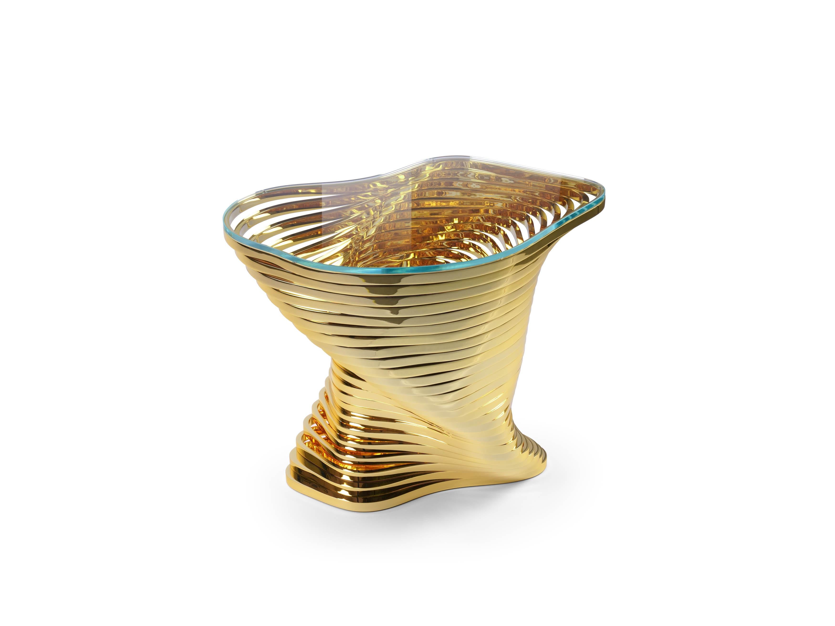 Vertigo Gold Side Table in 24K Gold-Plated Inox & Glass by Barberini & Gunnell For Sale 5