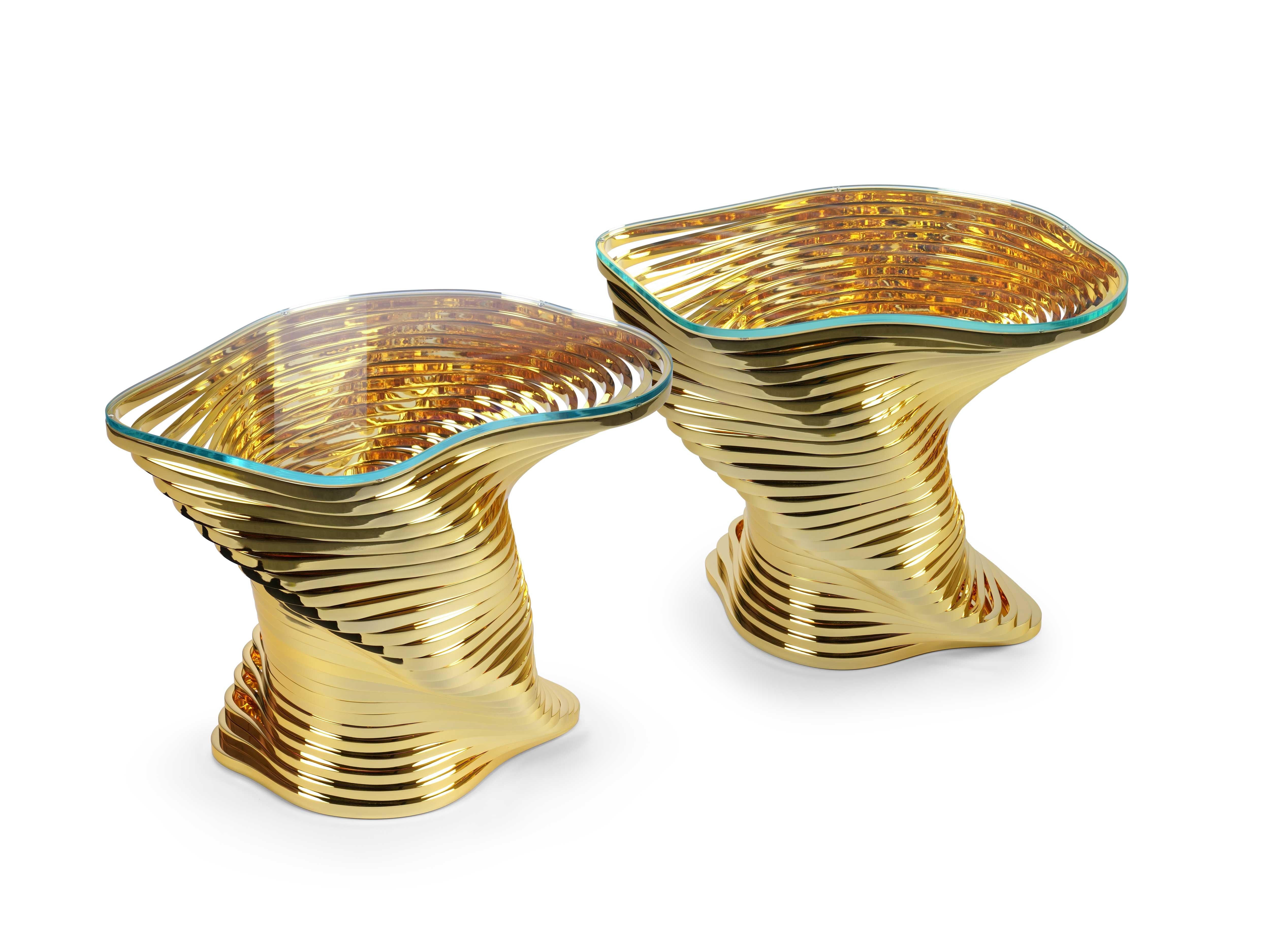 Vertigo Gold Side Table in 24K Gold-Plated Inox & Glass by Barberini & Gunnell For Sale 10