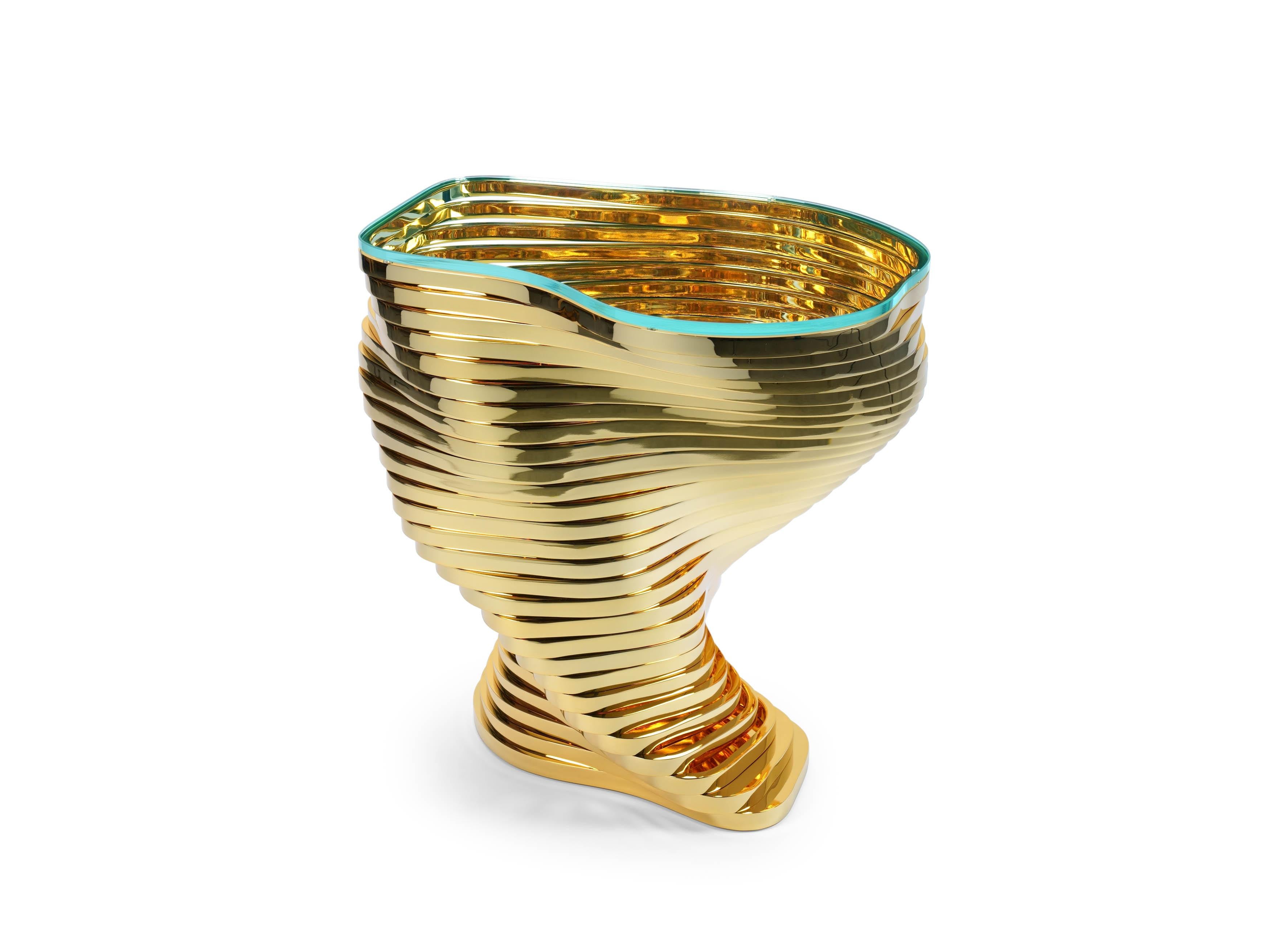 Vertigo Gold Side Table in 24K Gold-Plated Inox & Glass by Barberini & Gunnell
Limited Edition of 24 + 2 AP + 1 p.
Dimensions: D 51 x W 70 x H 57 cm. 
Materials: Gold-plated stainless steel and extra-clear glass.

Limited Edition, signed and