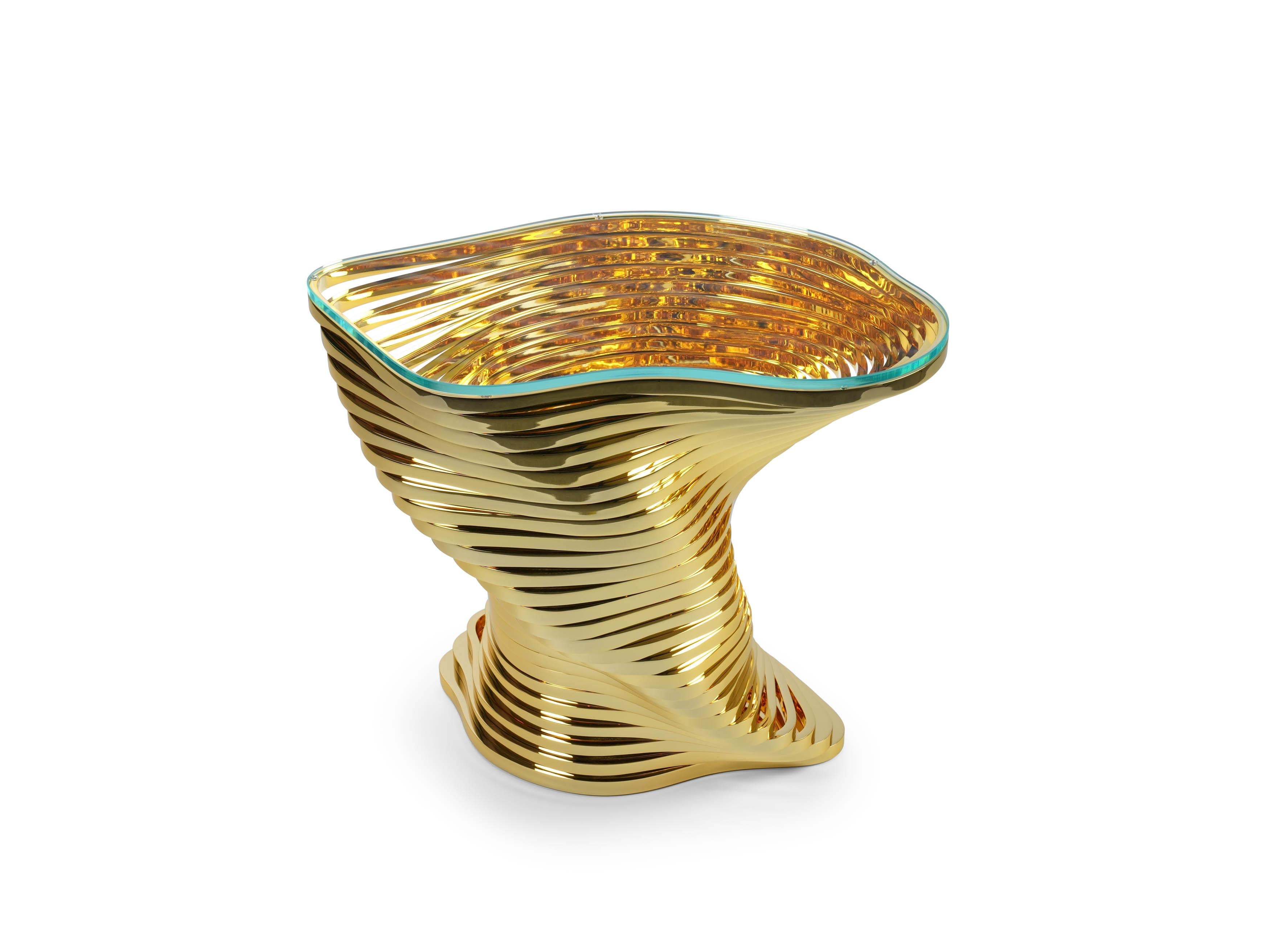 Contemporary Vertigo Gold Side Table in 24K Gold-Plated Inox & Glass by Barberini & Gunnell For Sale