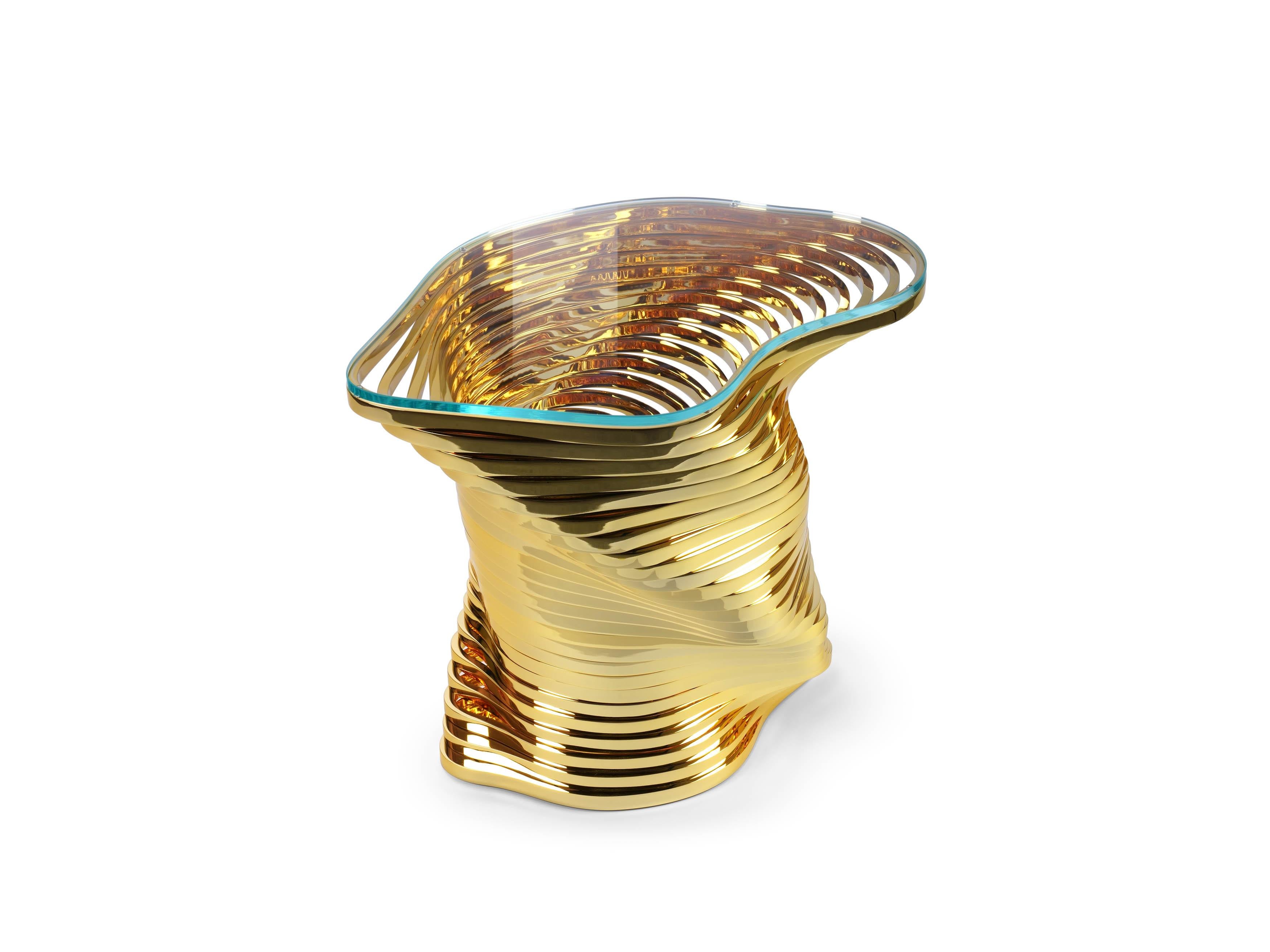 Vertigo Gold Side Table in 24K Gold-Plated Inox & Glass by Barberini & Gunnell For Sale 1