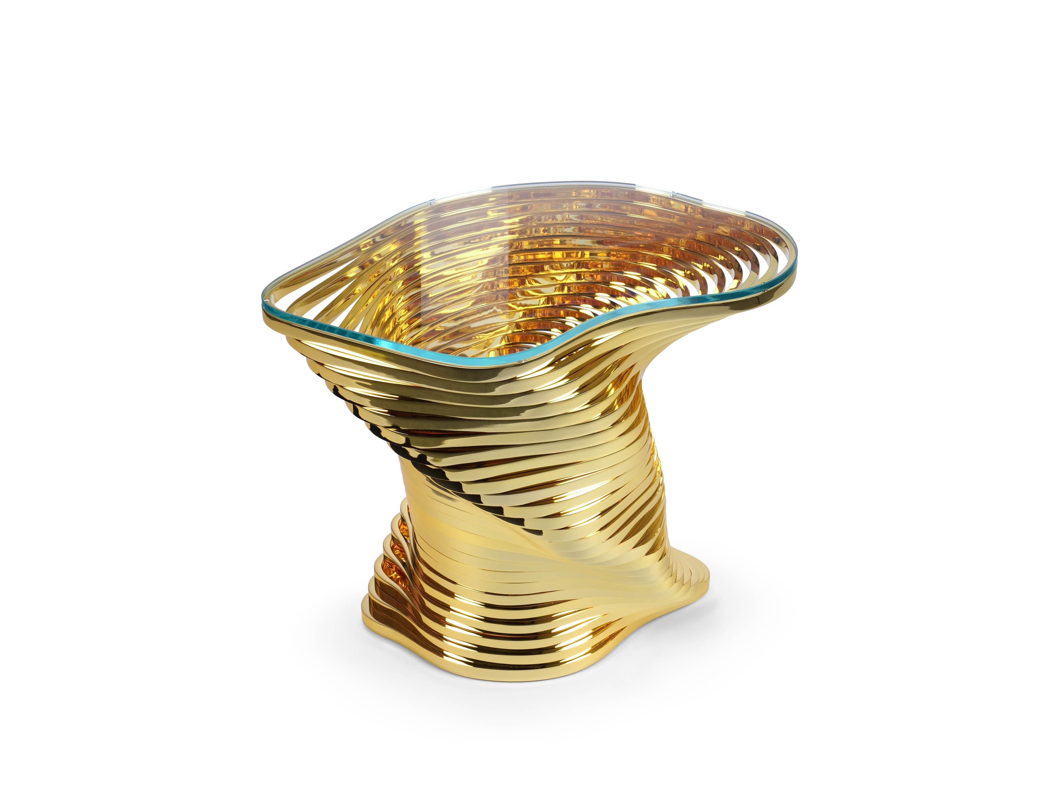 Vertigo Gold Side Table in 24K Gold-Plated Inox & Glass by Barberini & Gunnell For Sale 2
