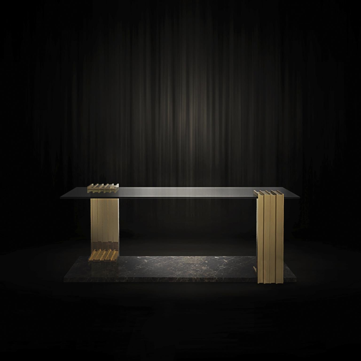 Portuguese Vertigo Long Side Table in Smoked Glass, and Nero Marquina Marble For Sale
