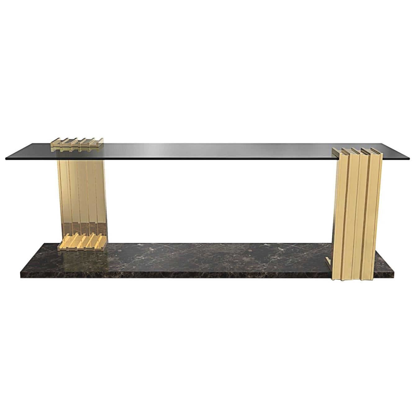 Vertigo Long Side Table in Smoked Glass, and Nero Marquina Marble For Sale
