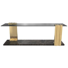 Vertigo Long Side Table in Smoked Glass, and Nero Marquina Marble