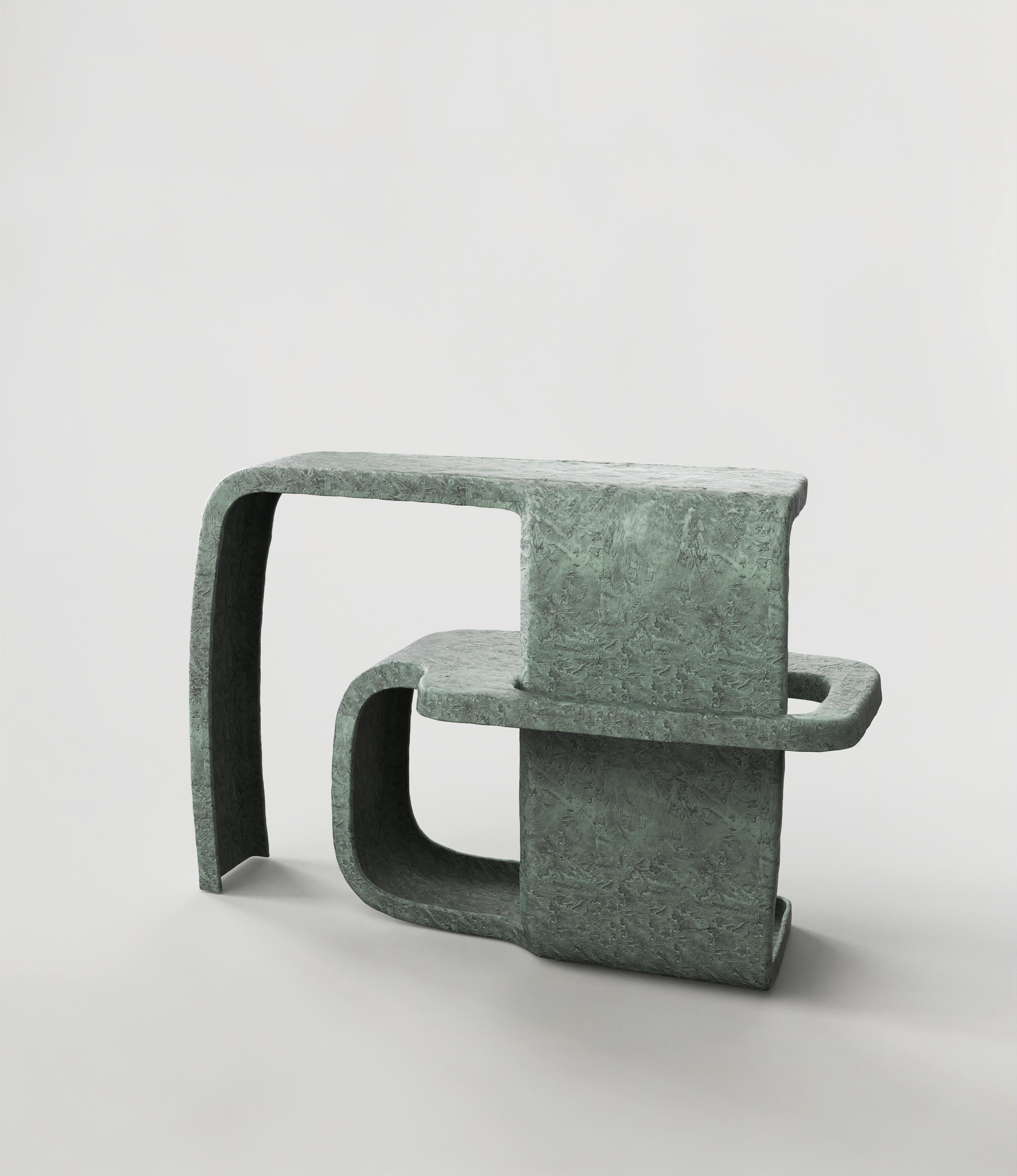 Vertigo N03 console by Edizione Limitata
Limited Edition. Signed and numbered.
Designers: Simone Fanciullacci
Dimensions: H 77 × W 45 × L 117 cm
Materials: Green patina bronze

Edizione Limitata, that is to say “Limited Edition”, is a brand