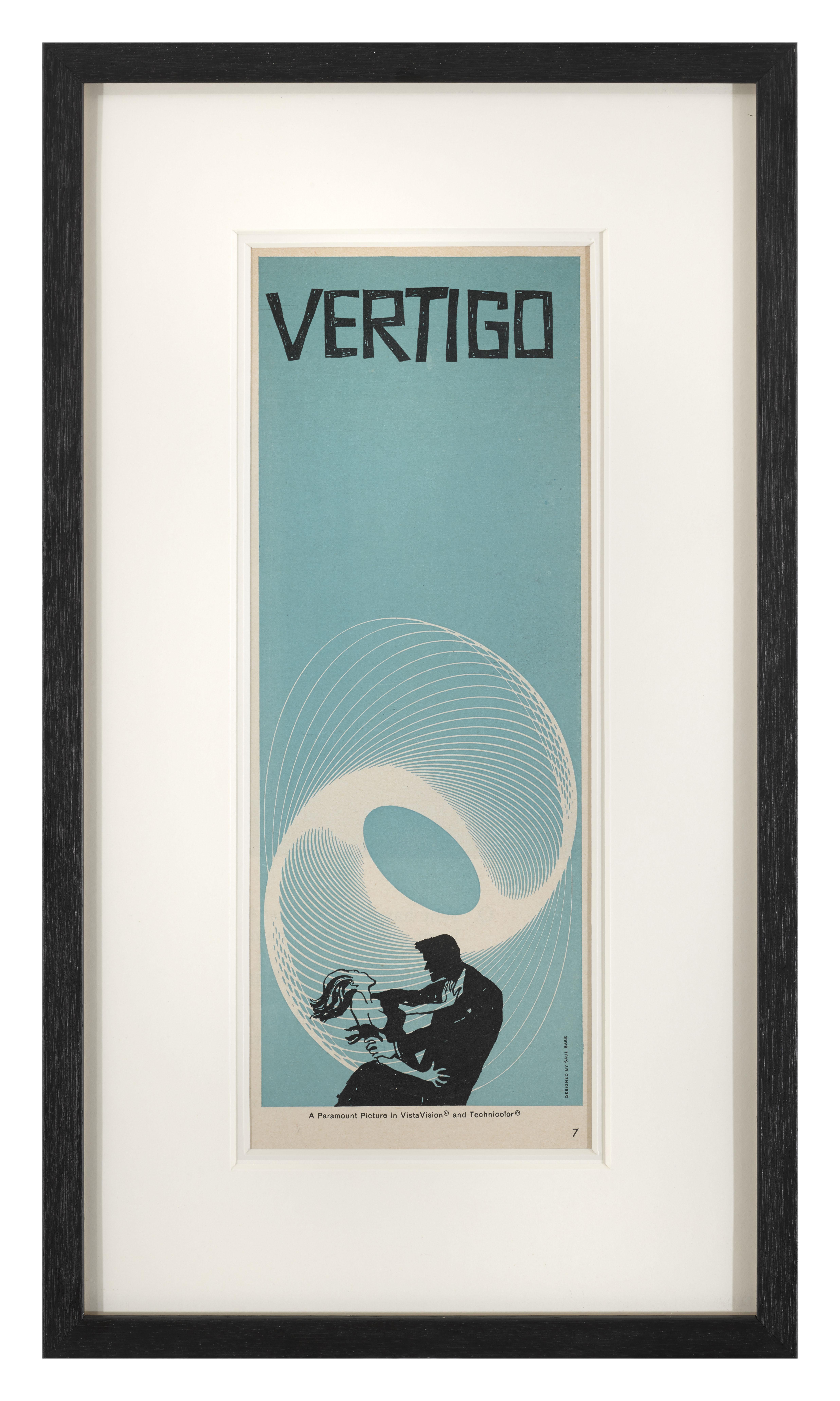 Original US trade advertisement for Alfred Hitchcock's 1958 Classic Thriller starring James Stewart, Kim Novak. The art work is by the renowned graphic designer Saul Bass (1920-1996). This design in blue was never used on any film posters just Trade