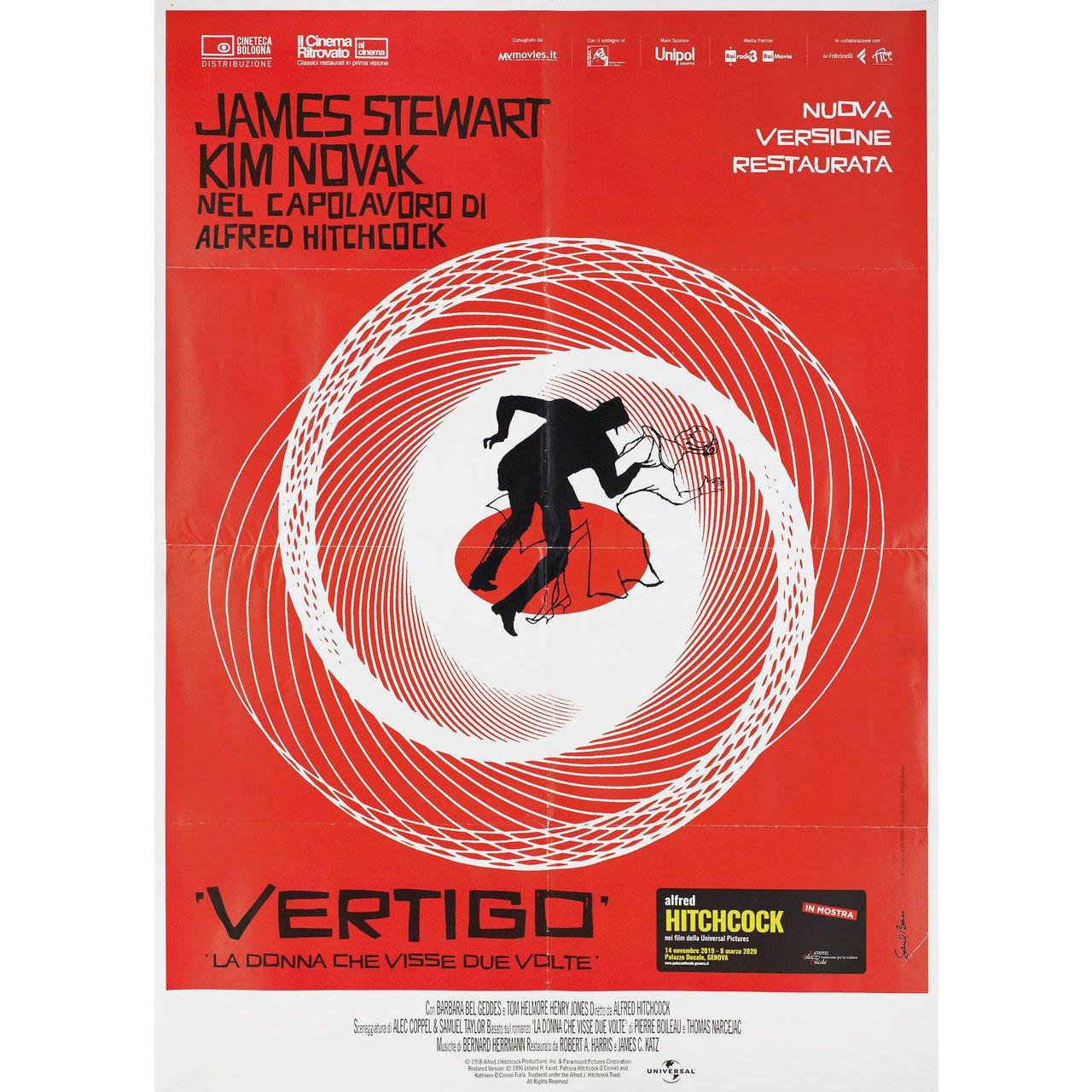 Original 2019 re-release Italian due fogli poster by Saul Bass for the 1958 film Vertigo directed by Alfred Hitchcock with James Stewart / Kim Novak / Barbara Bel Geddes / Tom Helmore. Very good-fine condition, folded with small tear. Many original