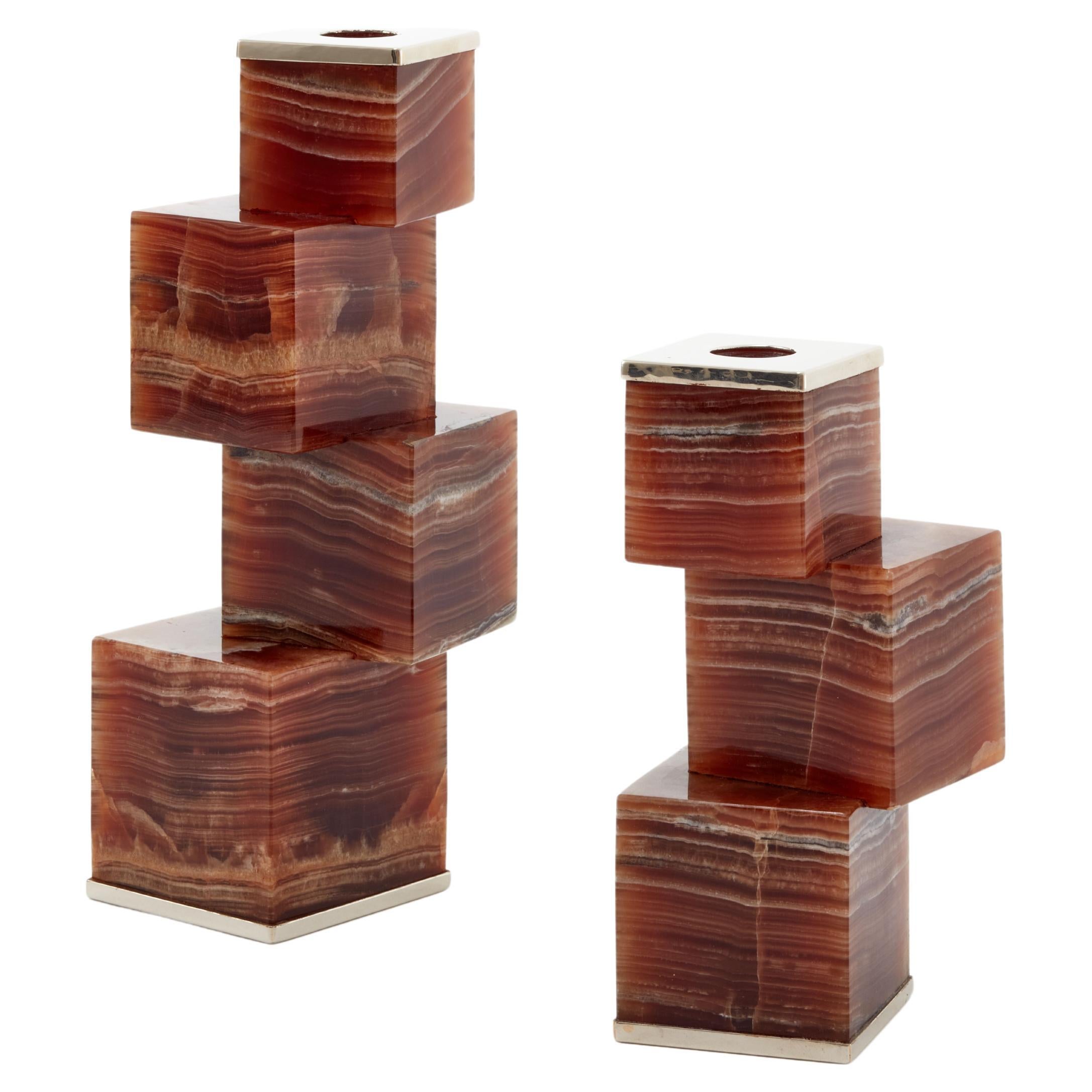 Vertigo Short and Tall Bordeaux Onyx Stone Candleholders For Sale