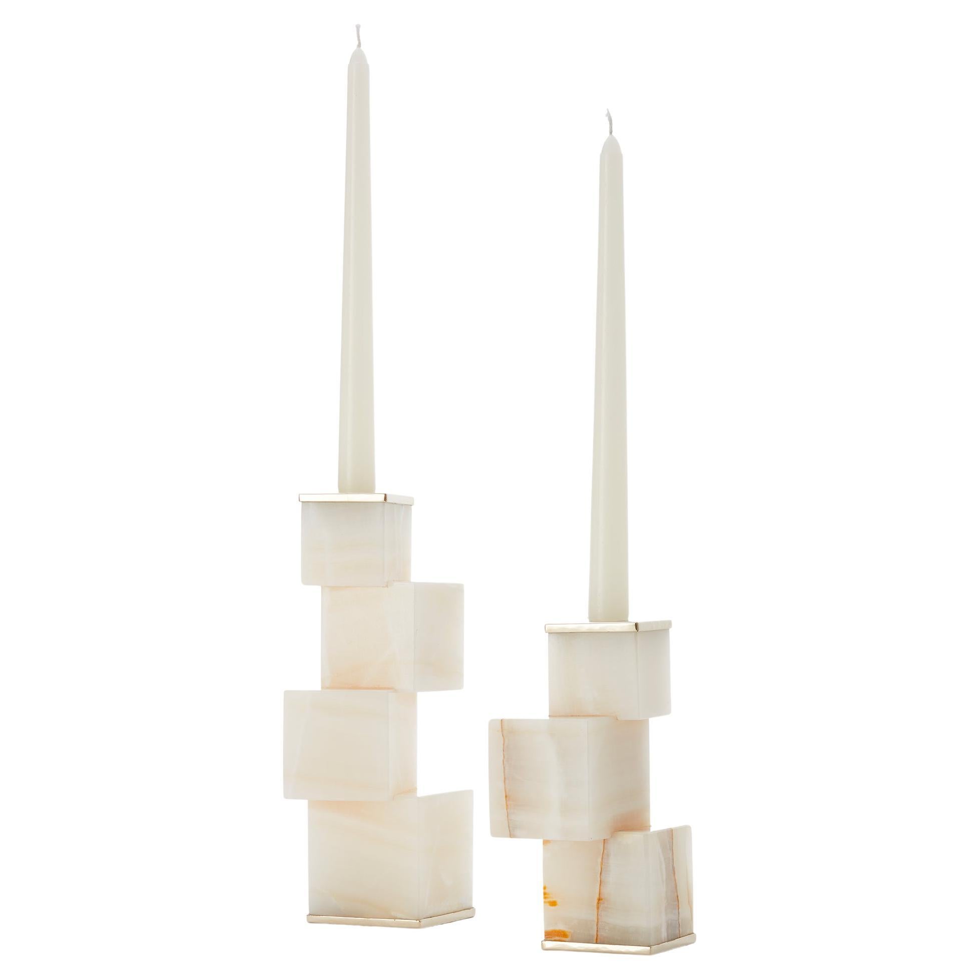 Vertigo Short and Tall Cream Onyx Stone Candleholders For Sale
