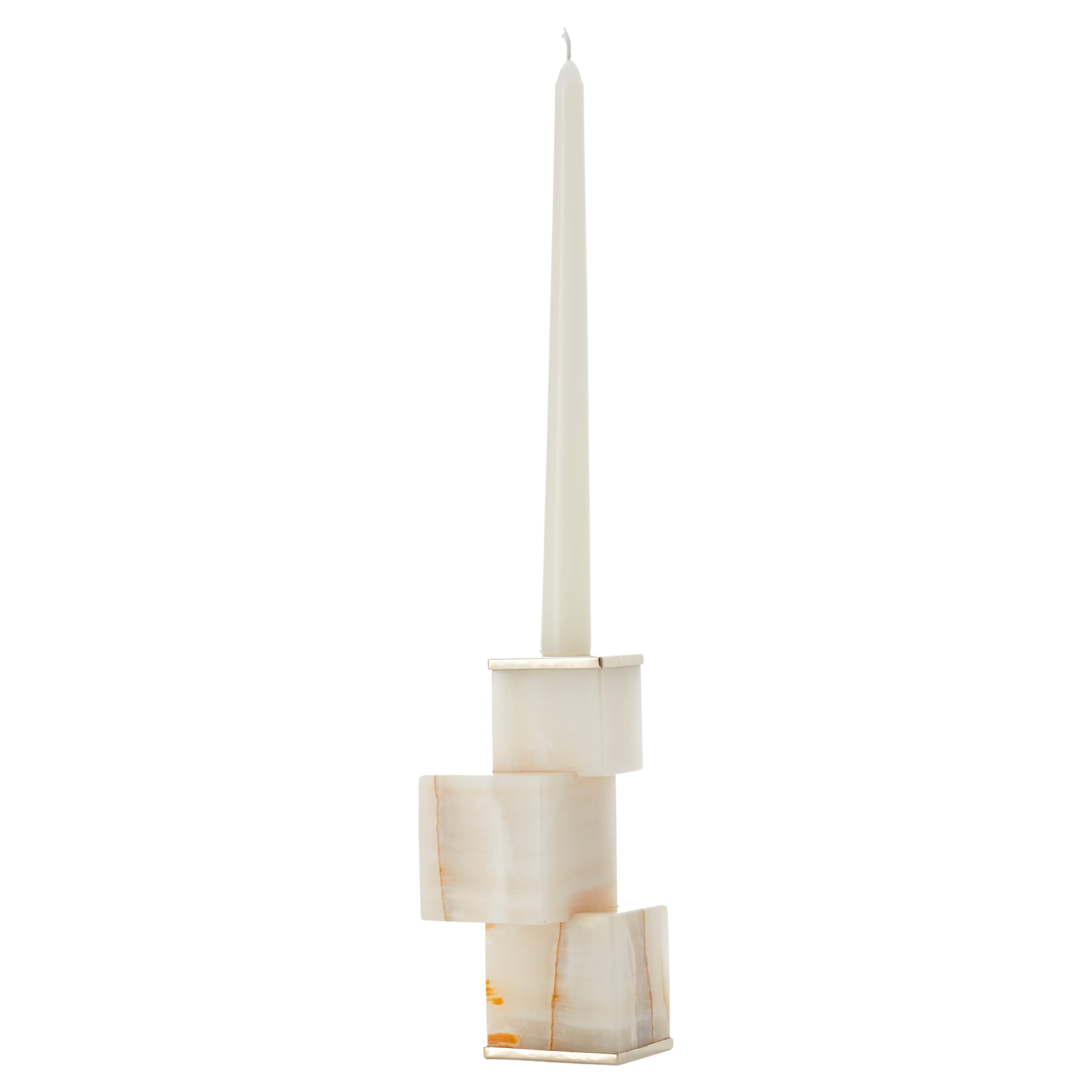 Vertigo Short Cream Onyx Stone Candleholder For Sale