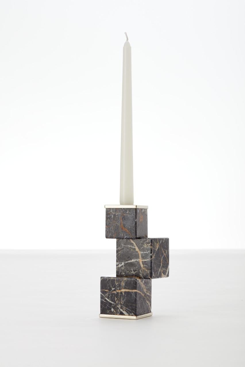 Modern Vertigo Trio of Candlesticks, Black Onyx Stone & Silver Alpaca For Sale