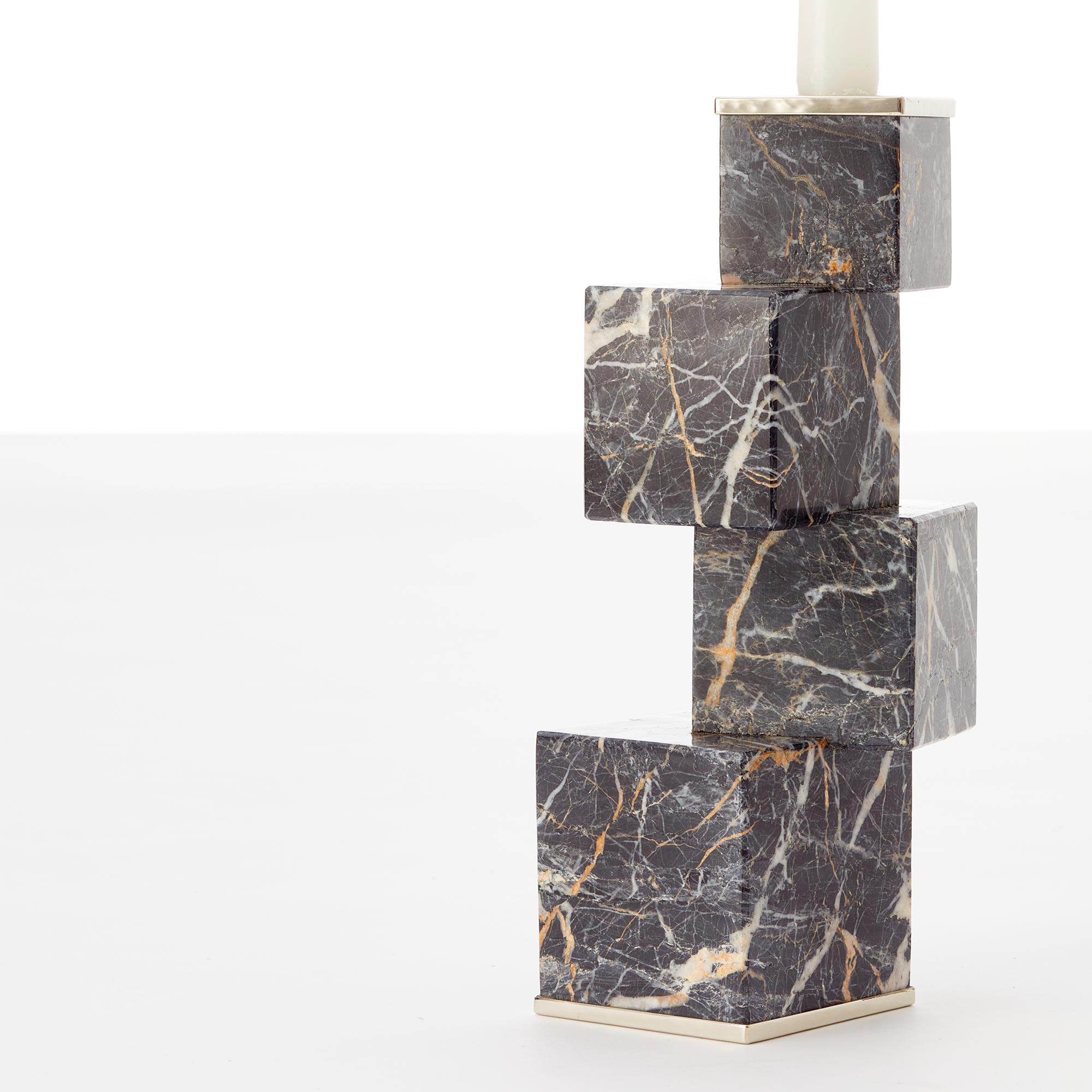 Argentine Vertigo Trio of Candlesticks, Black Onyx Stone & Silver Alpaca For Sale