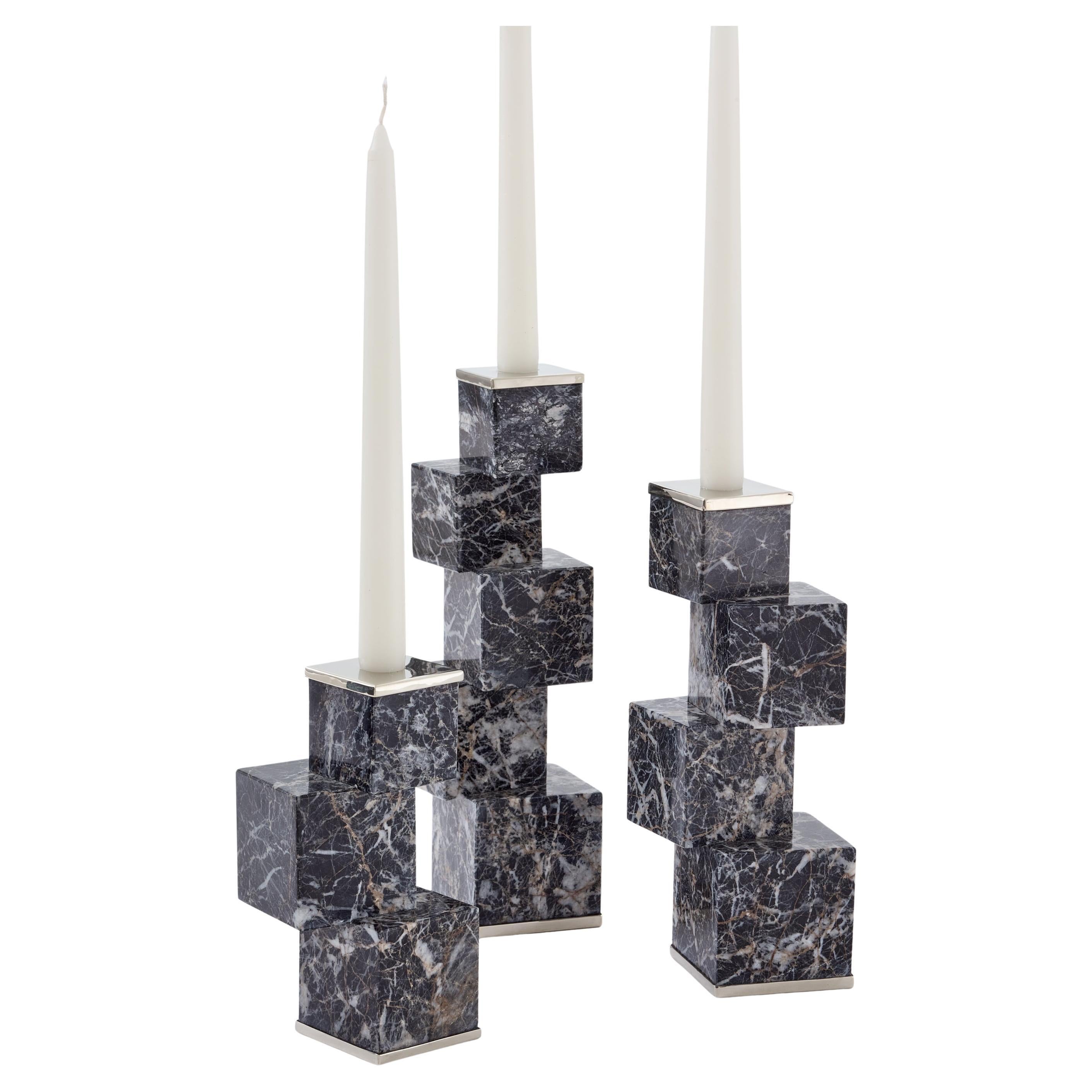 Vertigo Trio of Candlesticks, Black Onyx Stone & Silver Alpaca For Sale
