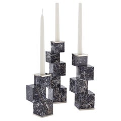 Vertigo Trio of Candlesticks, Black Onyx Stone & Silver Alpaca