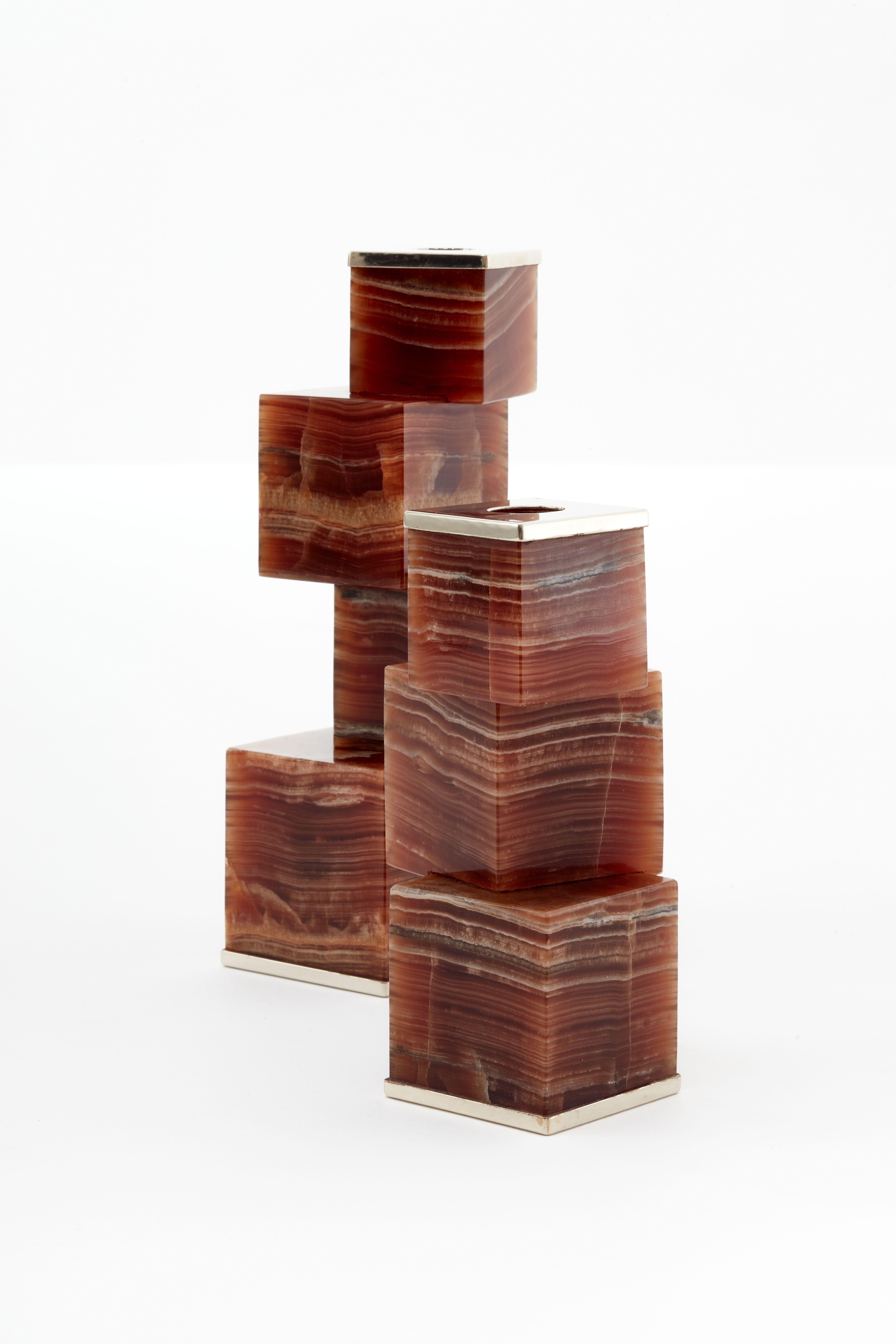 Modern Vertigo Trio of Candlesticks, Bordeaux Onyx Stone & Silver Alpaca For Sale