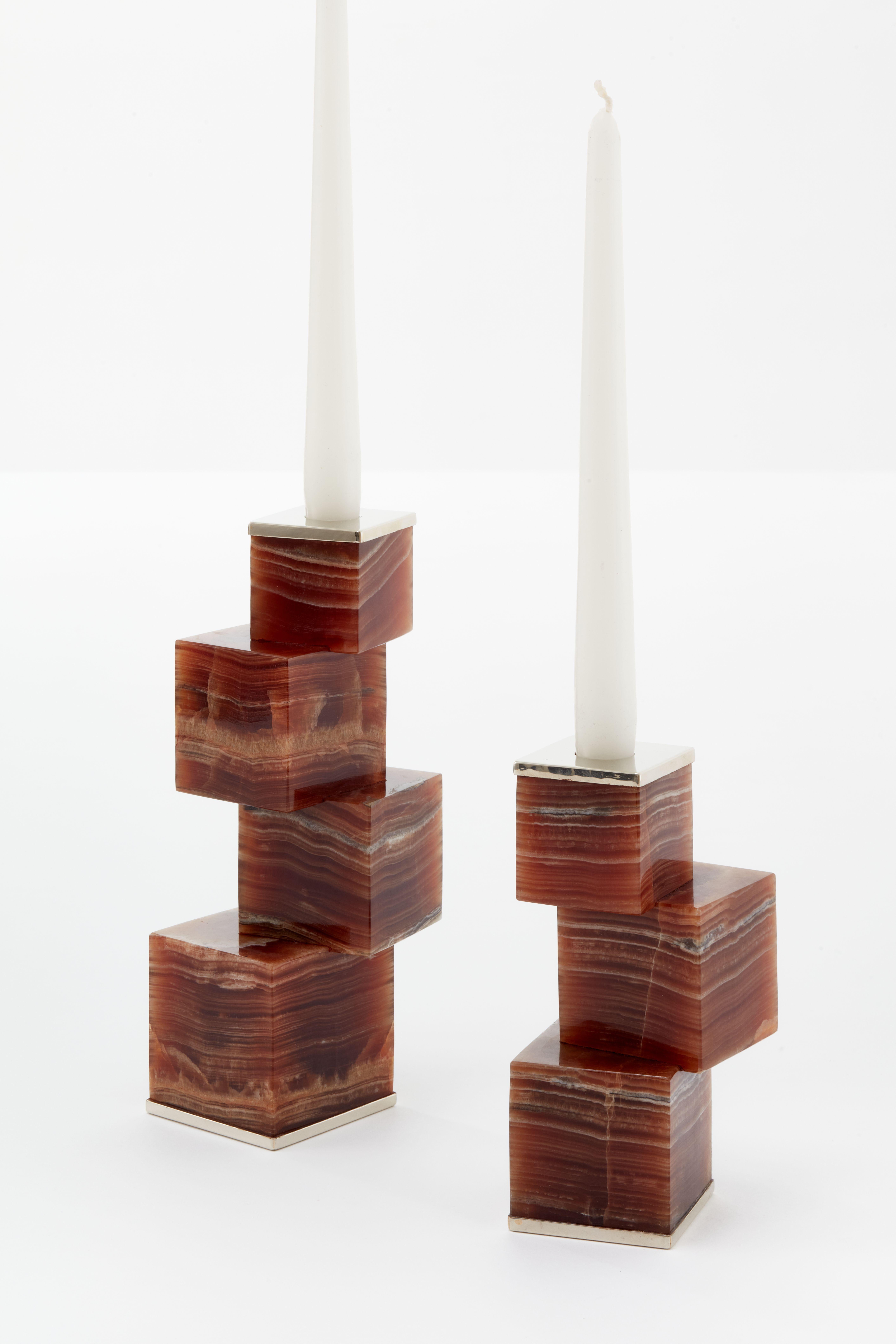 Argentine Vertigo Trio of Candlesticks, Bordeaux Onyx Stone & Silver Alpaca For Sale