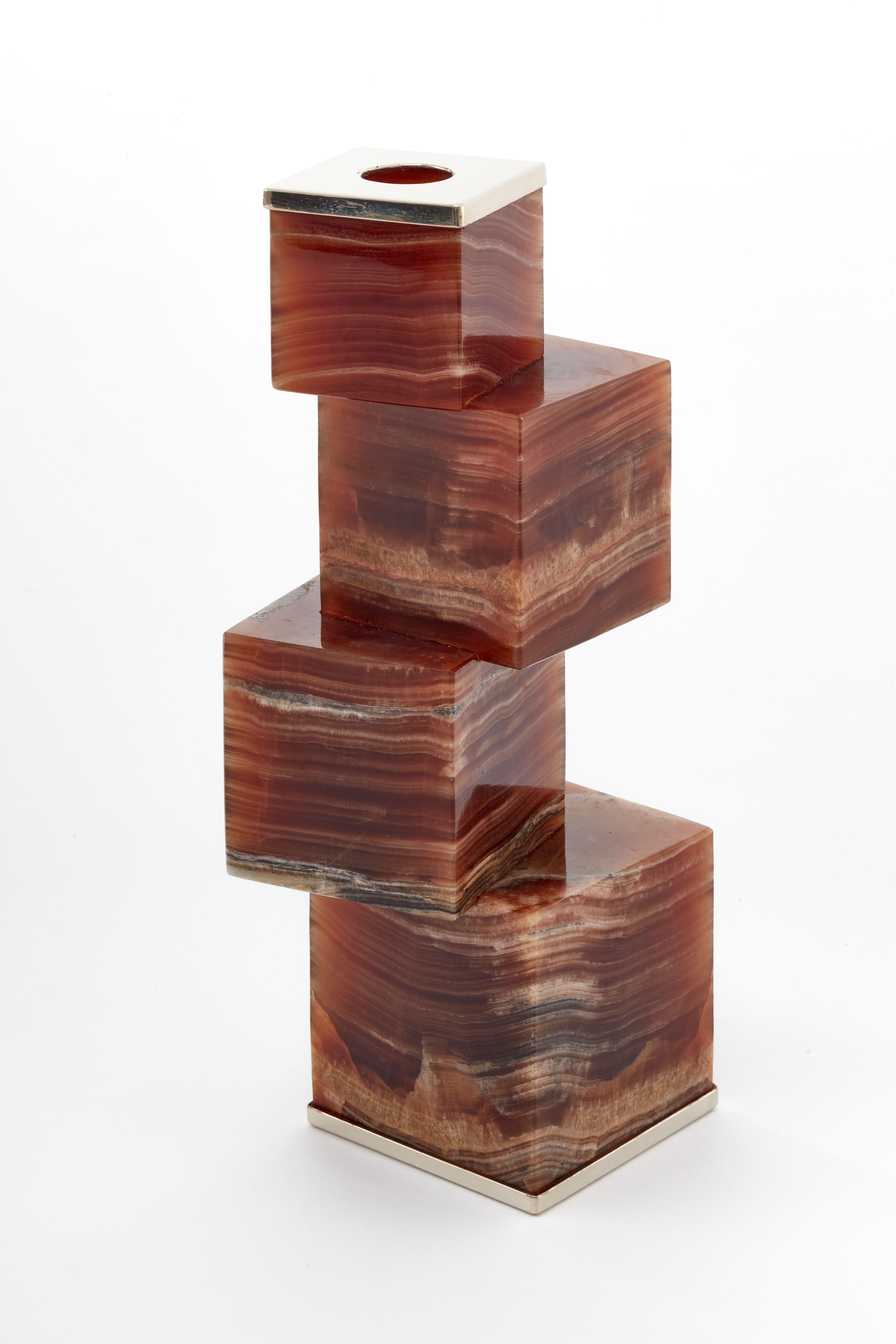 Hand-Carved Vertigo Trio of Candlesticks, Bordeaux Onyx Stone & Silver Alpaca For Sale
