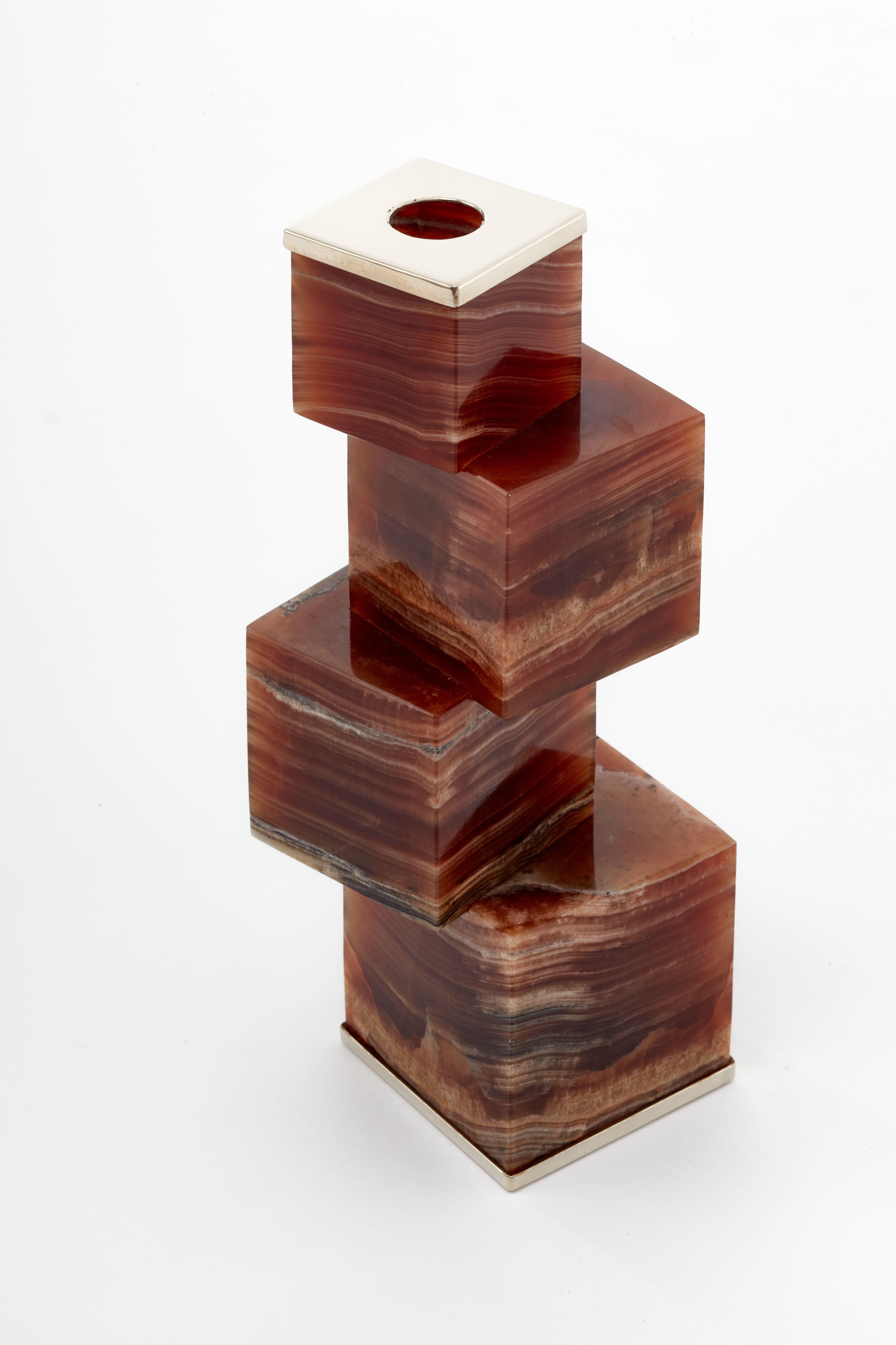 Contemporary Vertigo Trio of Candlesticks, Bordeaux Onyx Stone & Silver Alpaca For Sale