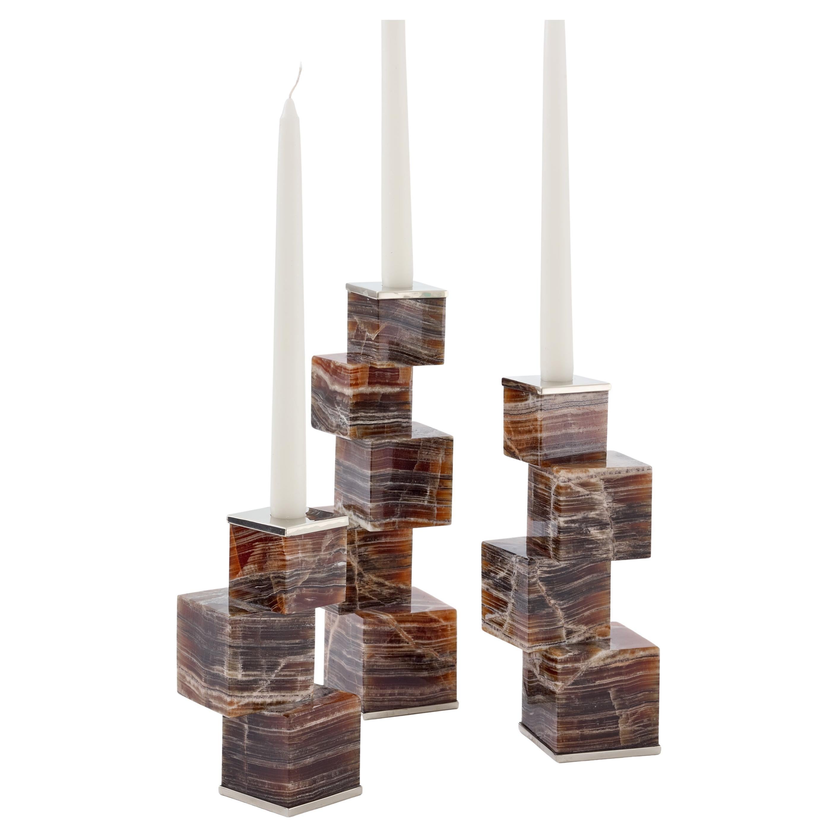 Vertigo Trio of Candlesticks, Bordeaux Onyx Stone & Silver Alpaca