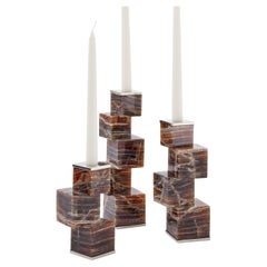 Vertigo Trio of Candlesticks, Bordeaux Onyx Stone & Silver Alpaca