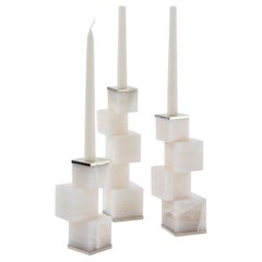 Vertigo Trio of Candlesticks, Cream Onyx Stone & Silver Alpaca
