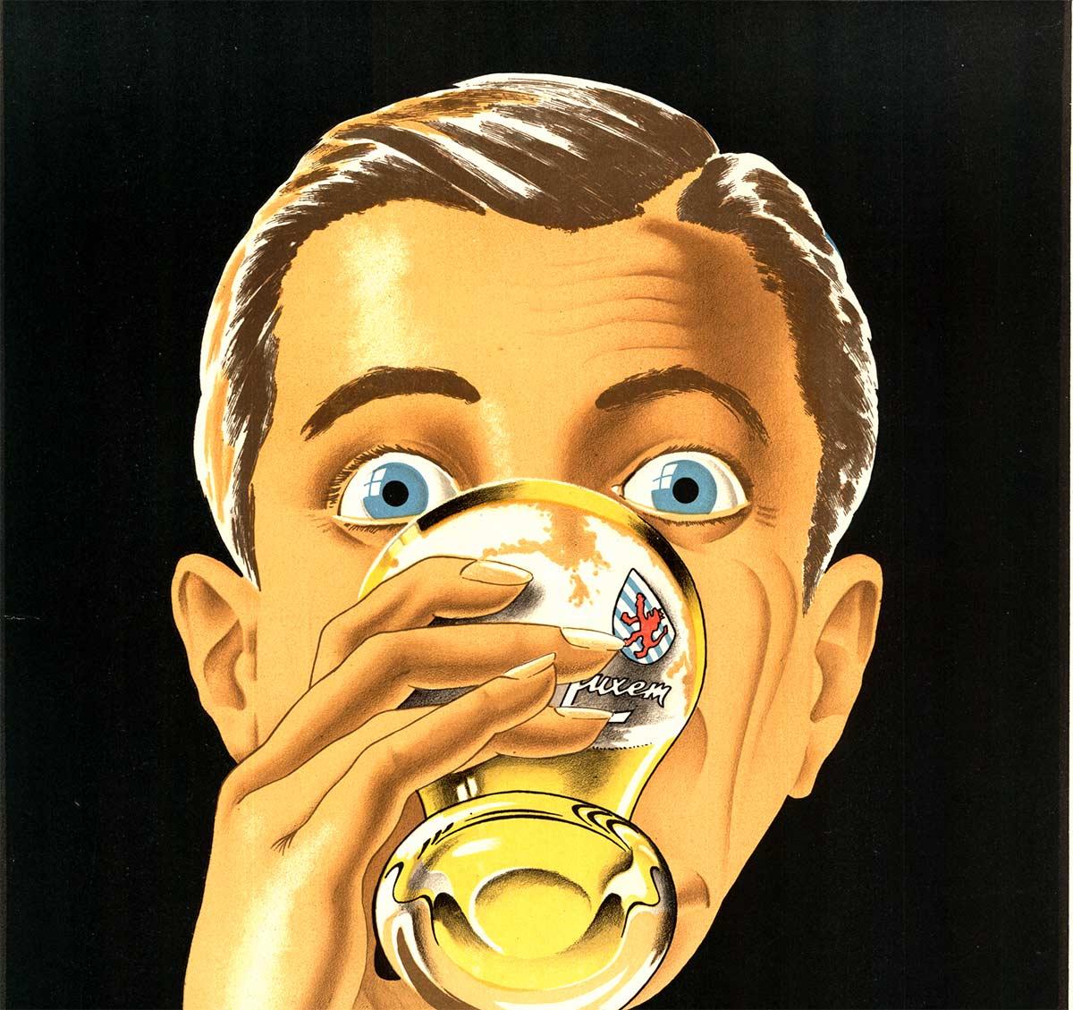 Poster originale della birra Bier Fine Luxem in stile art déco vintage del Belgio  con fondo in lino - Print Art Déco di Vertil