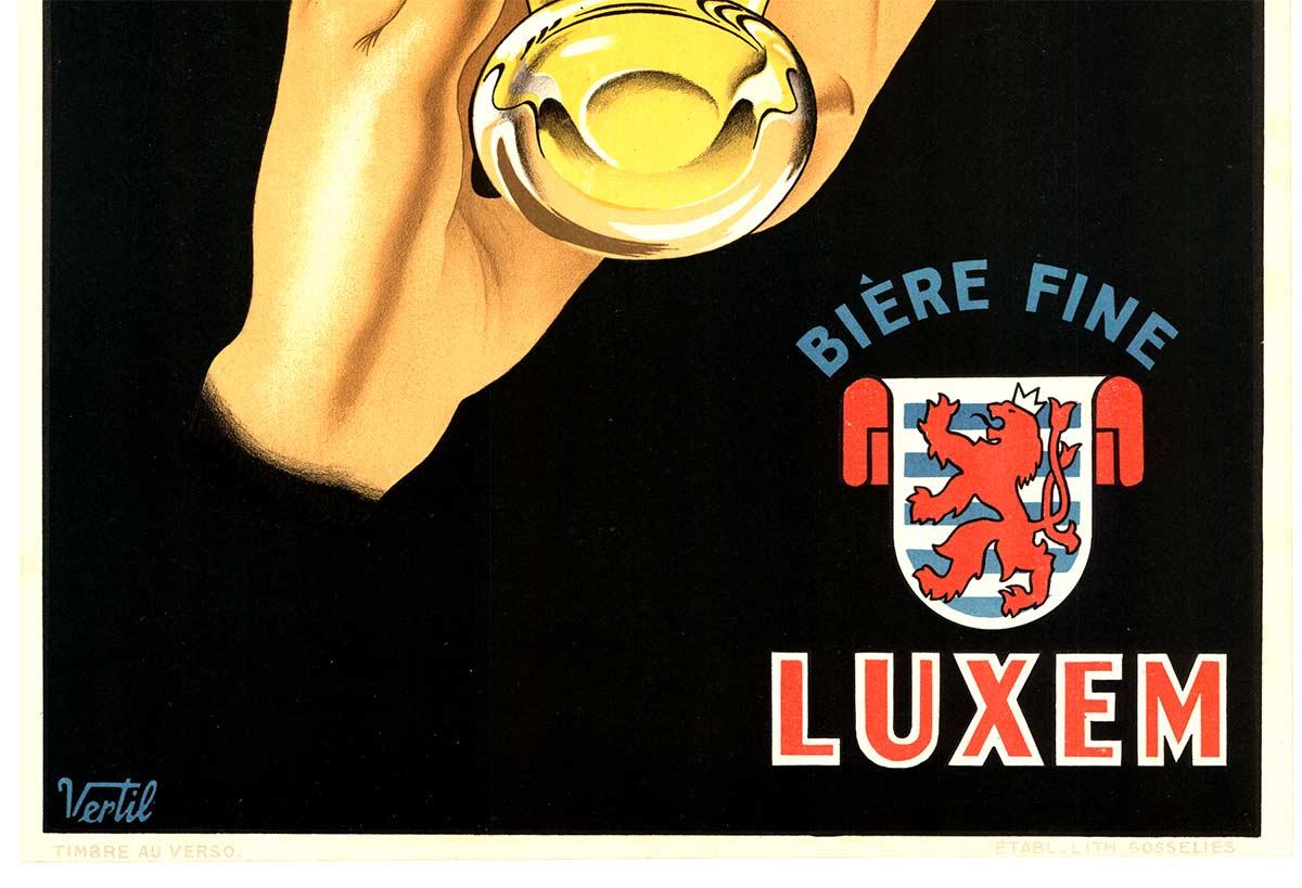 Poster originale della birra Bier Fine Luxem in stile art déco vintage del Belgio  con fondo in lino - Portrait Print Arancia di Vertil