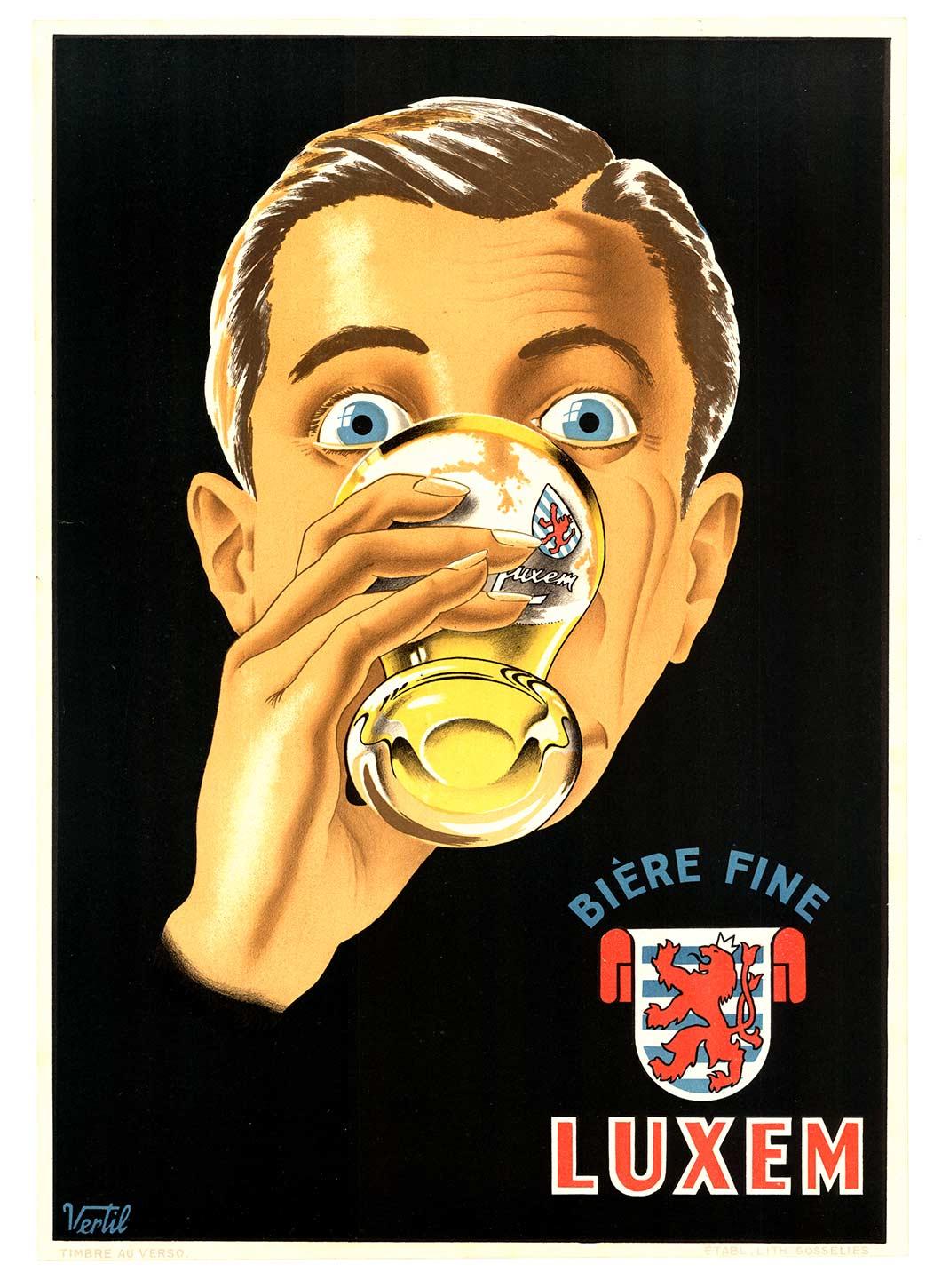 Portrait Print di Vertil - Poster originale della birra Bier Fine Luxem in stile art déco vintage del Belgio  con fondo in lino