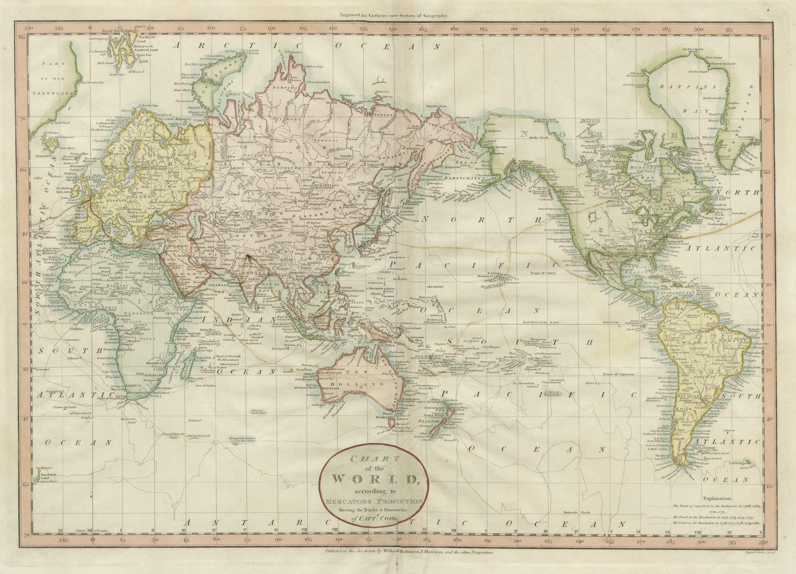 Antique map titled 'Chart of the World, according to Mercators Projection'. This world map shows the various discoveries of Captain James Cook during his 3 voyages between 1768 and 1780, and the English and French Explorers who followed immediately