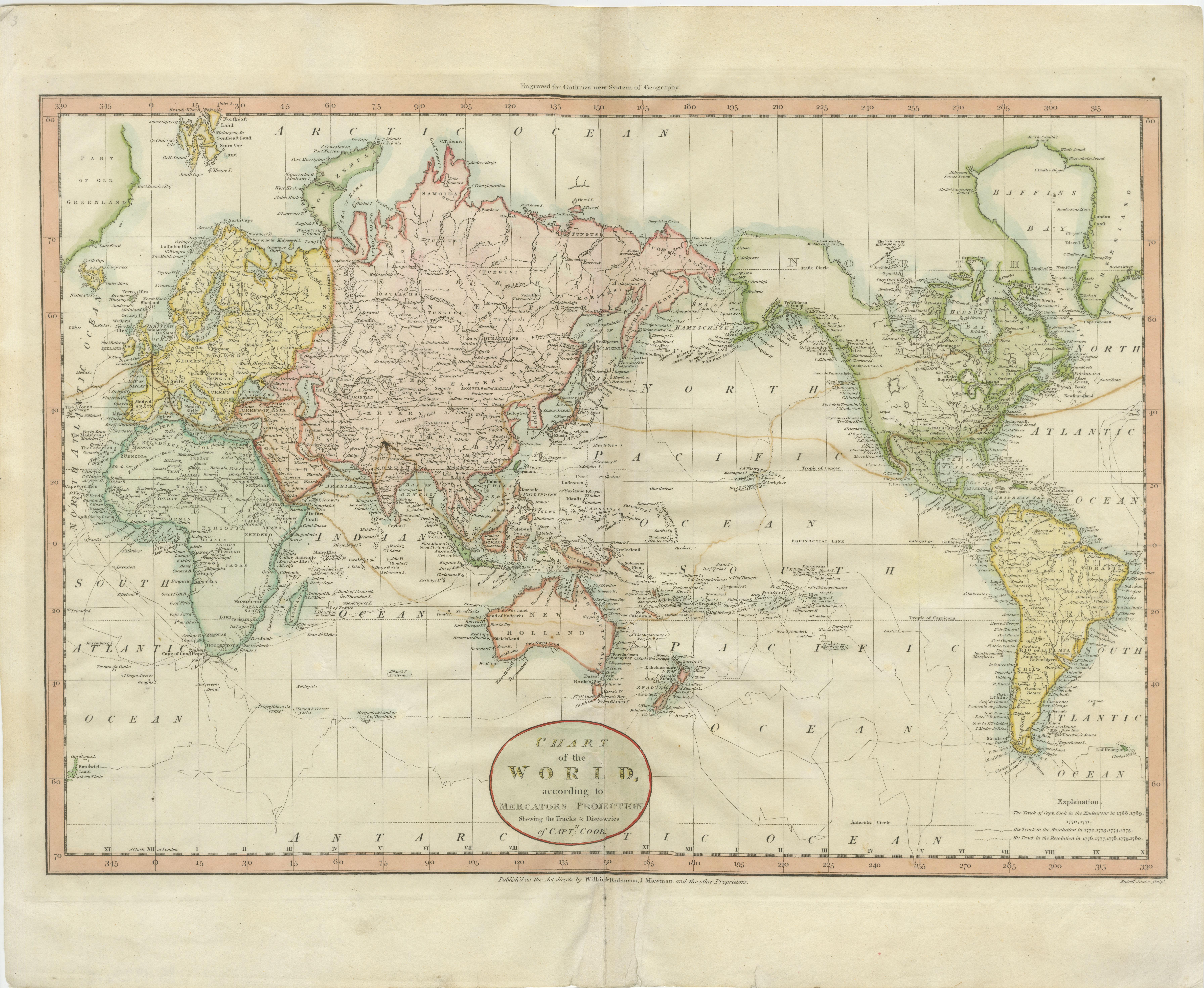 18th Century Very Attractive Antique Map of the World as Planisphere, Shows Cook's Voyages For Sale