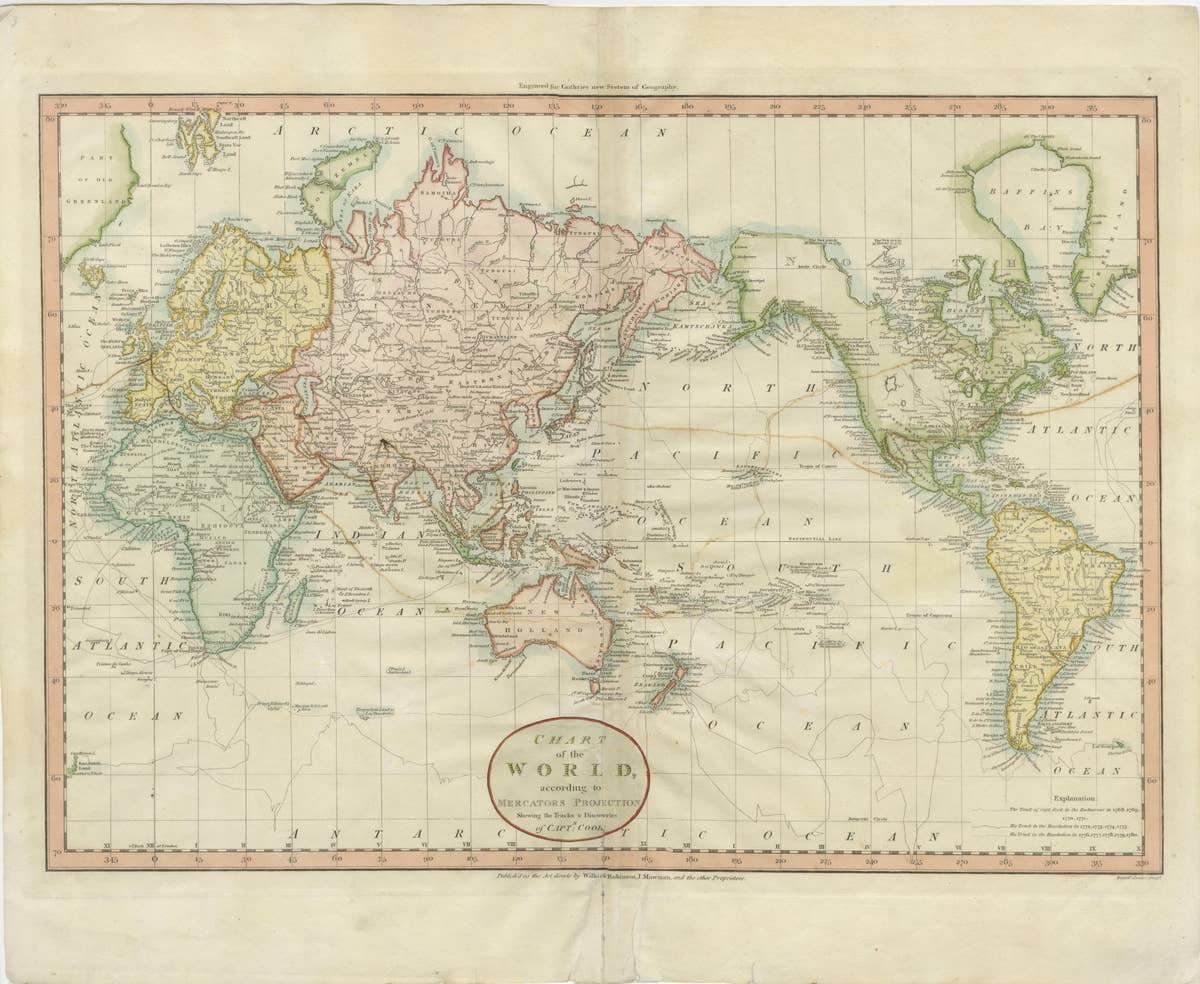 Attractive Antique Map of the World as Planisphere, Shows Cook's Voyages, 1799