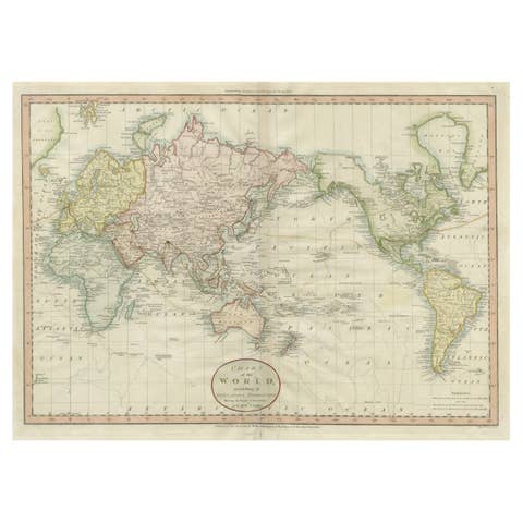 Attractive Antique Map of the World as Planisphere, Shows Cook's Voyages, 1799
