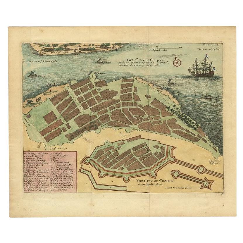 Very Attractive Handcolored Antique Plan of Cochin in India, 1744 For Sale