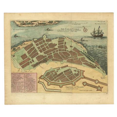 Very Attractive Handcolored Antique Plan of Cochin in India, 1744