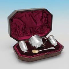 Very Attractive Victorian Antique Sterling Silver Condiment Set in a Box, 1885