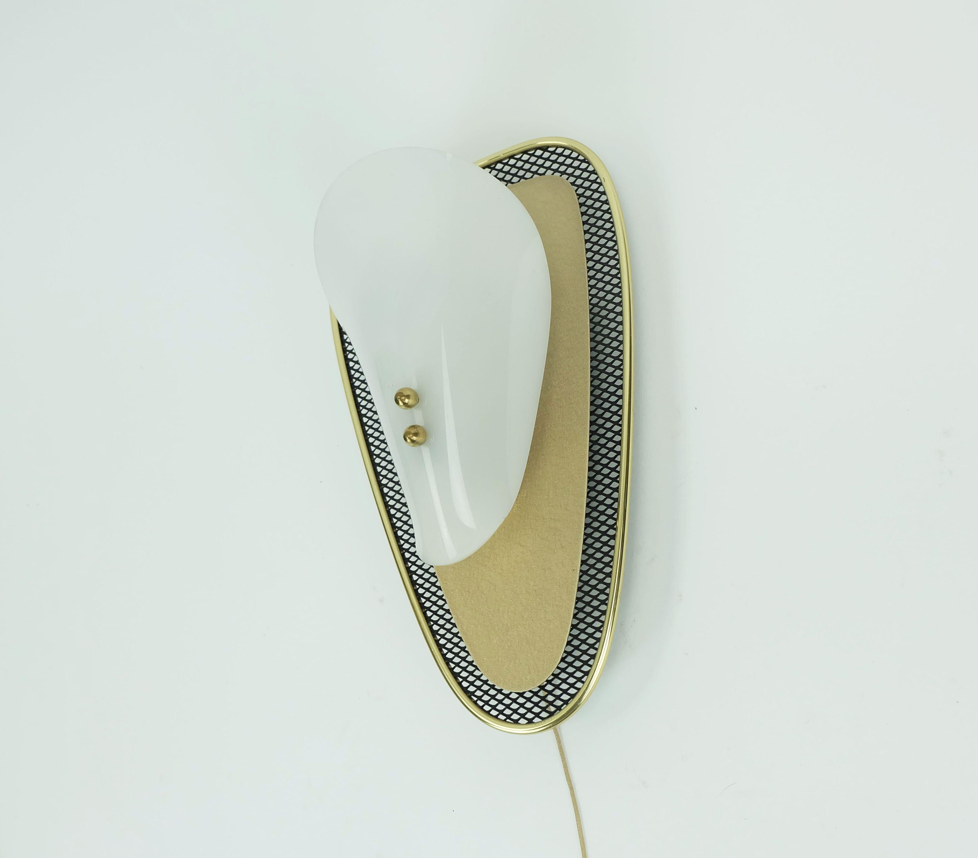 Mid-Century Modern very beautiful 1950s SCONCE metal mesh and brass with white acrylic shade For Sale