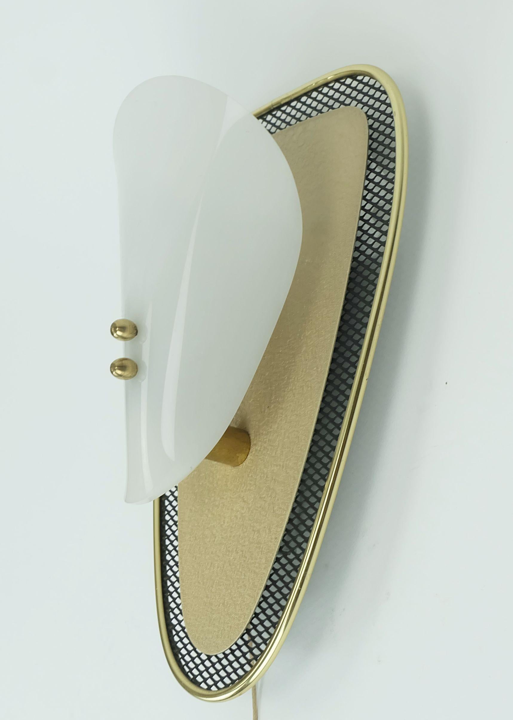 German very beautiful 1950s SCONCE metal mesh and brass with white acrylic shade For Sale
